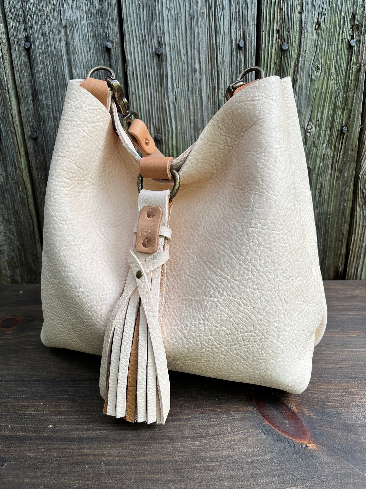 Barcelona Mini Bucket in Vanilla Milled Veg Tan with Horween Essex Handle & Fox Tag Tassel