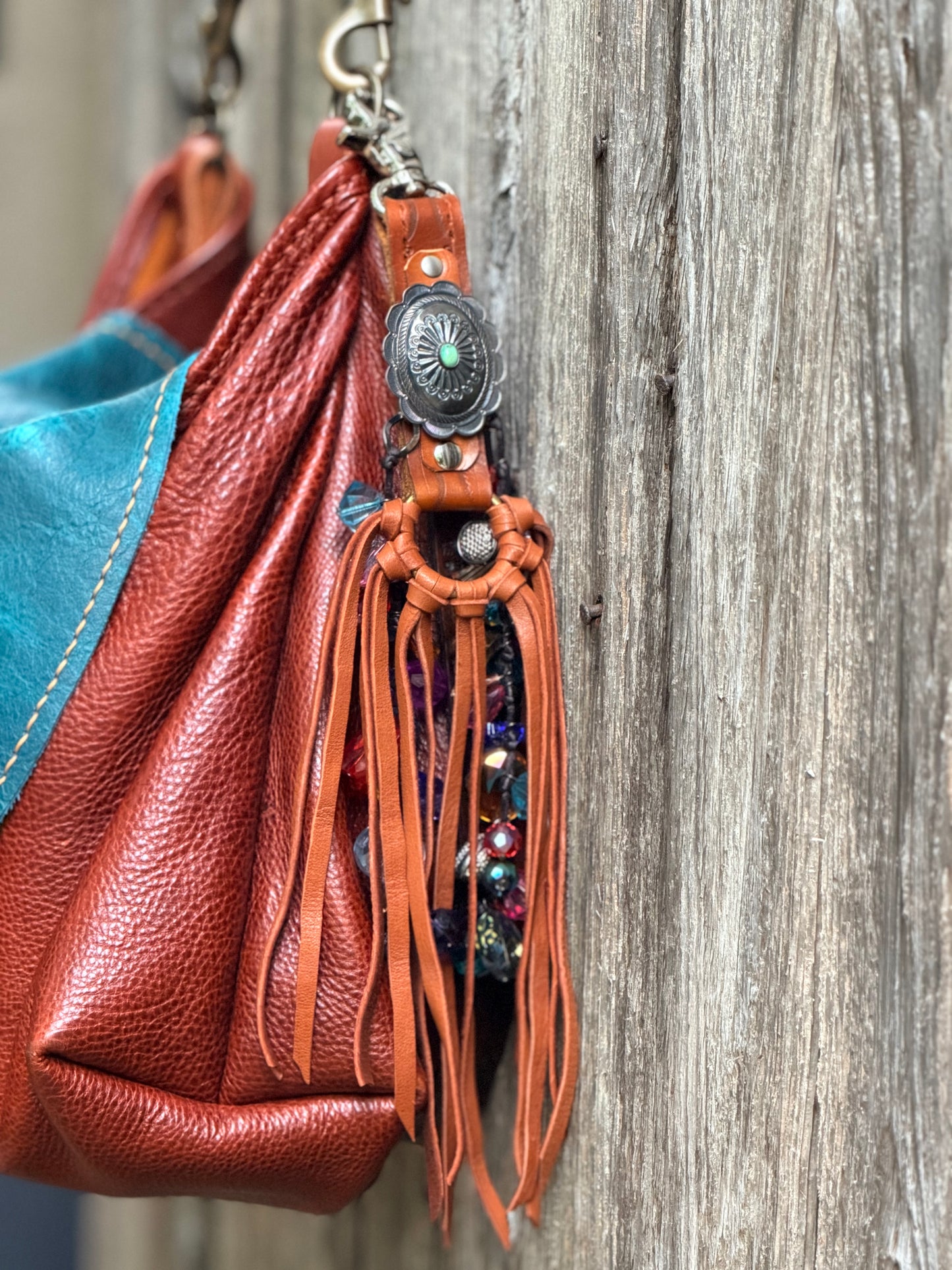 Hand-tooled Tribal Tassel in Tan Deerskin with Sterling Silver & Turquoise Concho 15”L, OOAK