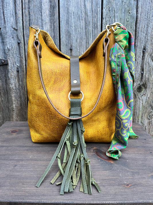 Barcelona Bucket in Golden Mustard Bison with Throwover Tassel & Silk Scarf Accessory
