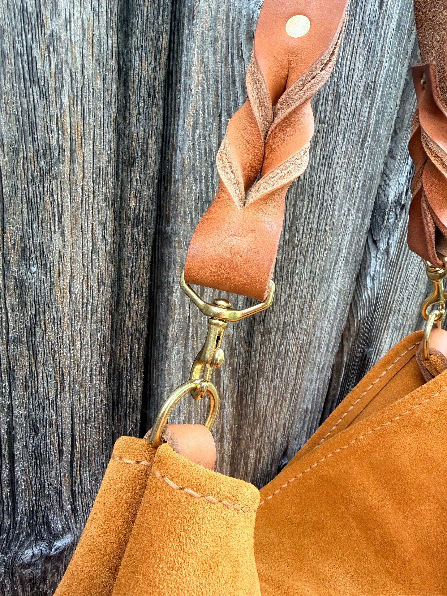 Rodeo Large Bucket in Cider Suede with Horween Nutmeg Braided Strap