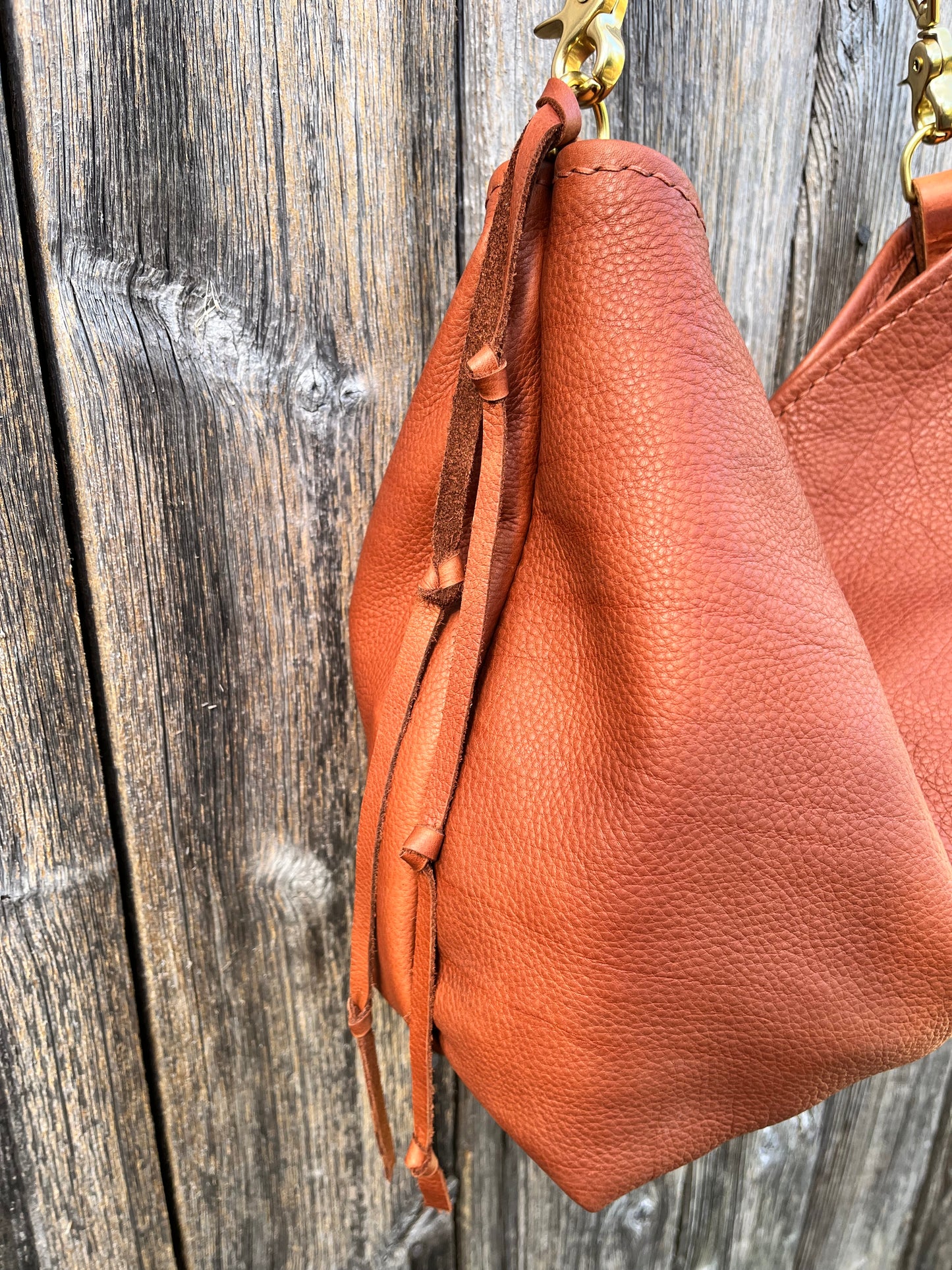 Mimi Slouch Bag in Brandy Naked Cow with Leather Tassel Accents