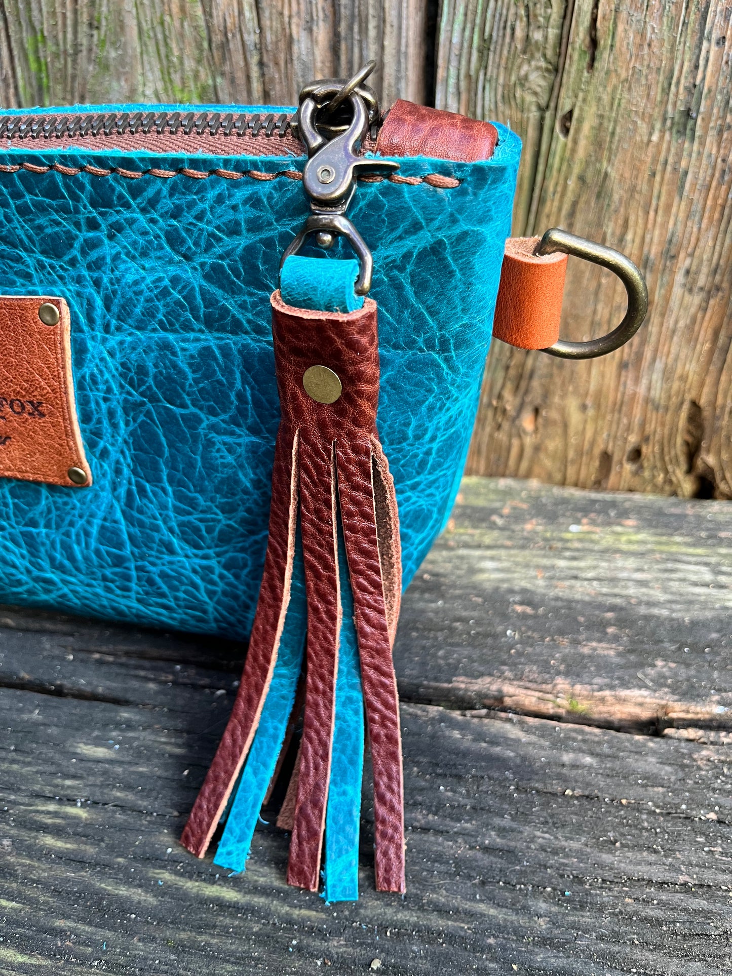 Pipsqueak Wristlet/Crossbody in Blue Bison with English Tan Leather Accents