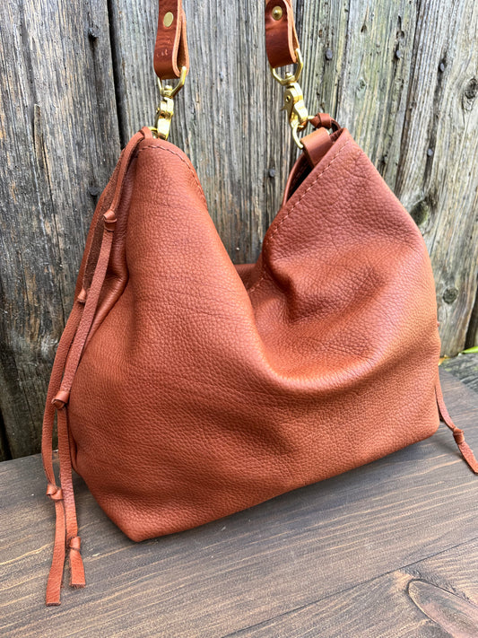 Mimi Slouch Bag in Brandy Naked Cow with Leather Tassel Accents