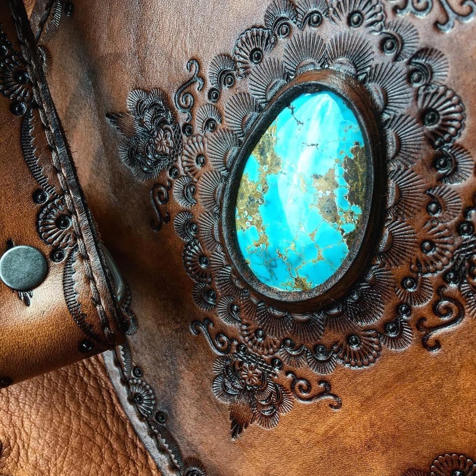 Evolet Leather Crossbody Pouch, Hand-Tooled, Tobacco Deerskin with Sierra Nevada Turquoise