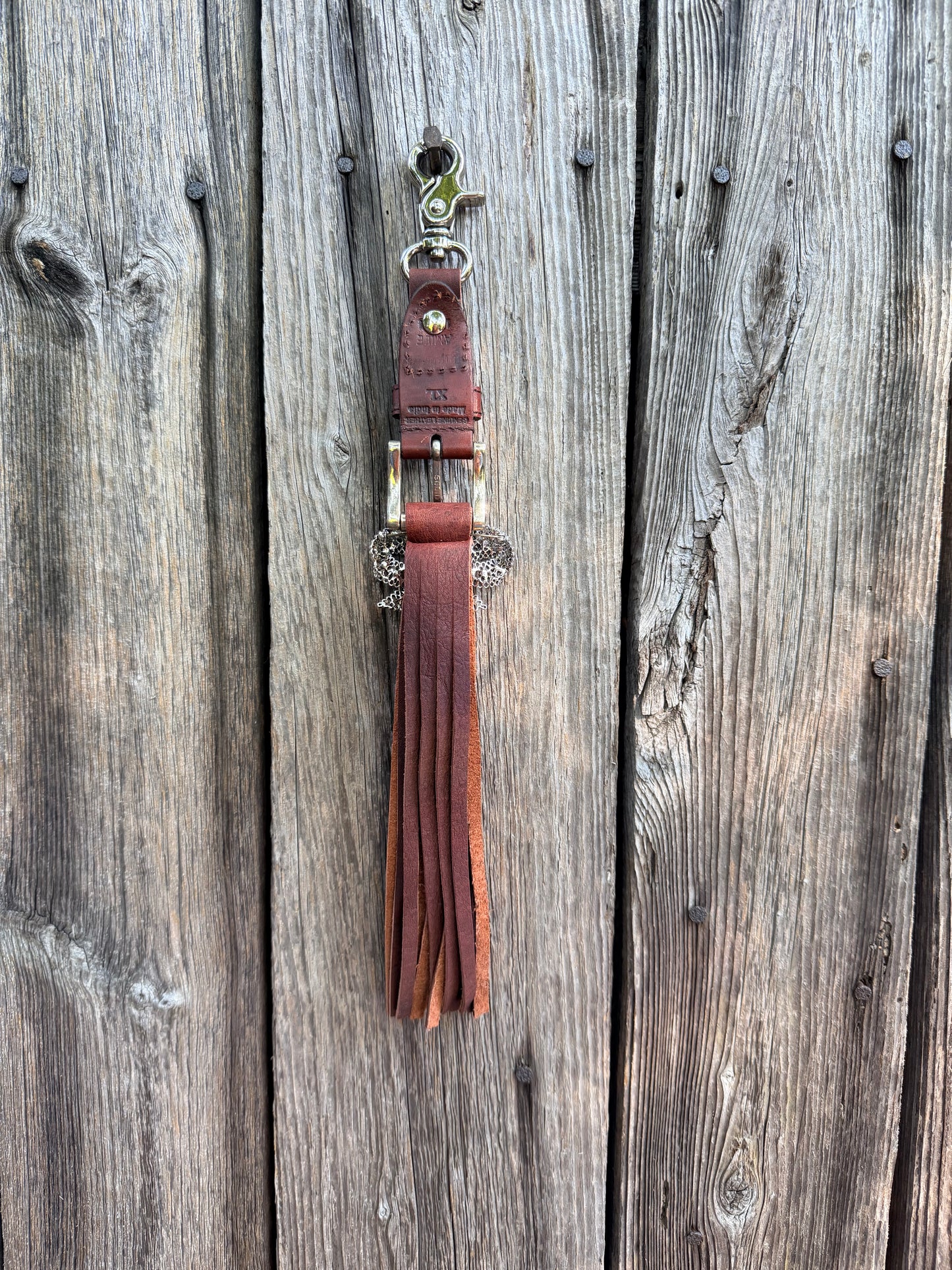 Boot Strap Tassel in Whiskey Brown Cowhide with Vintage Brooch 14”L, OOAK