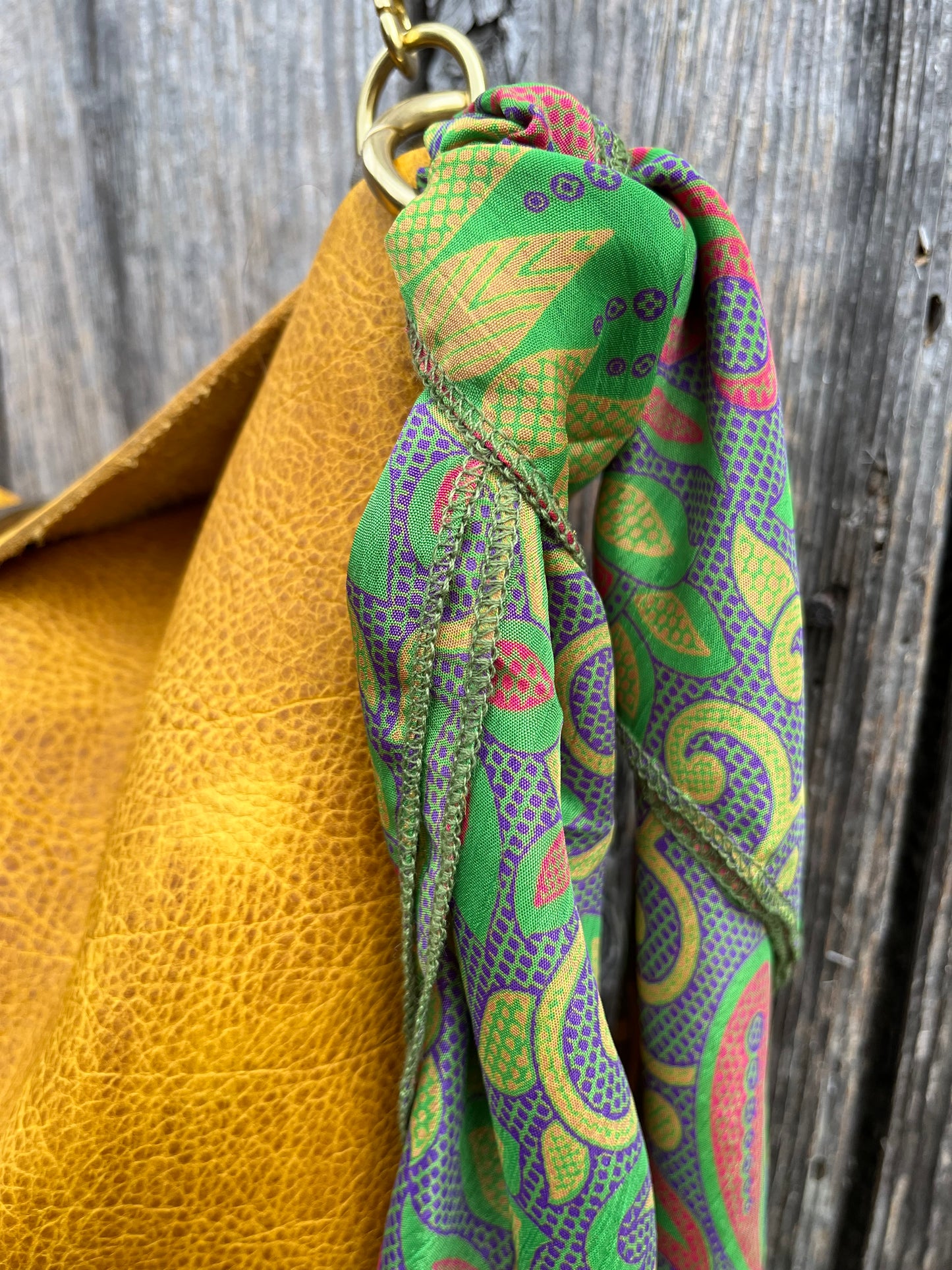 Barcelona Bucket in Golden Mustard Bison with Throwover Tassel & Silk Scarf Accessory