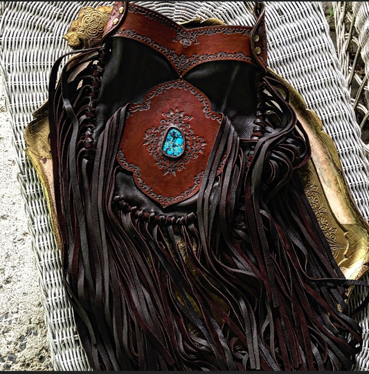 Evolet Leather Crossbody Pouch in Dark Chocolate Deerskin with Turquoise Stone