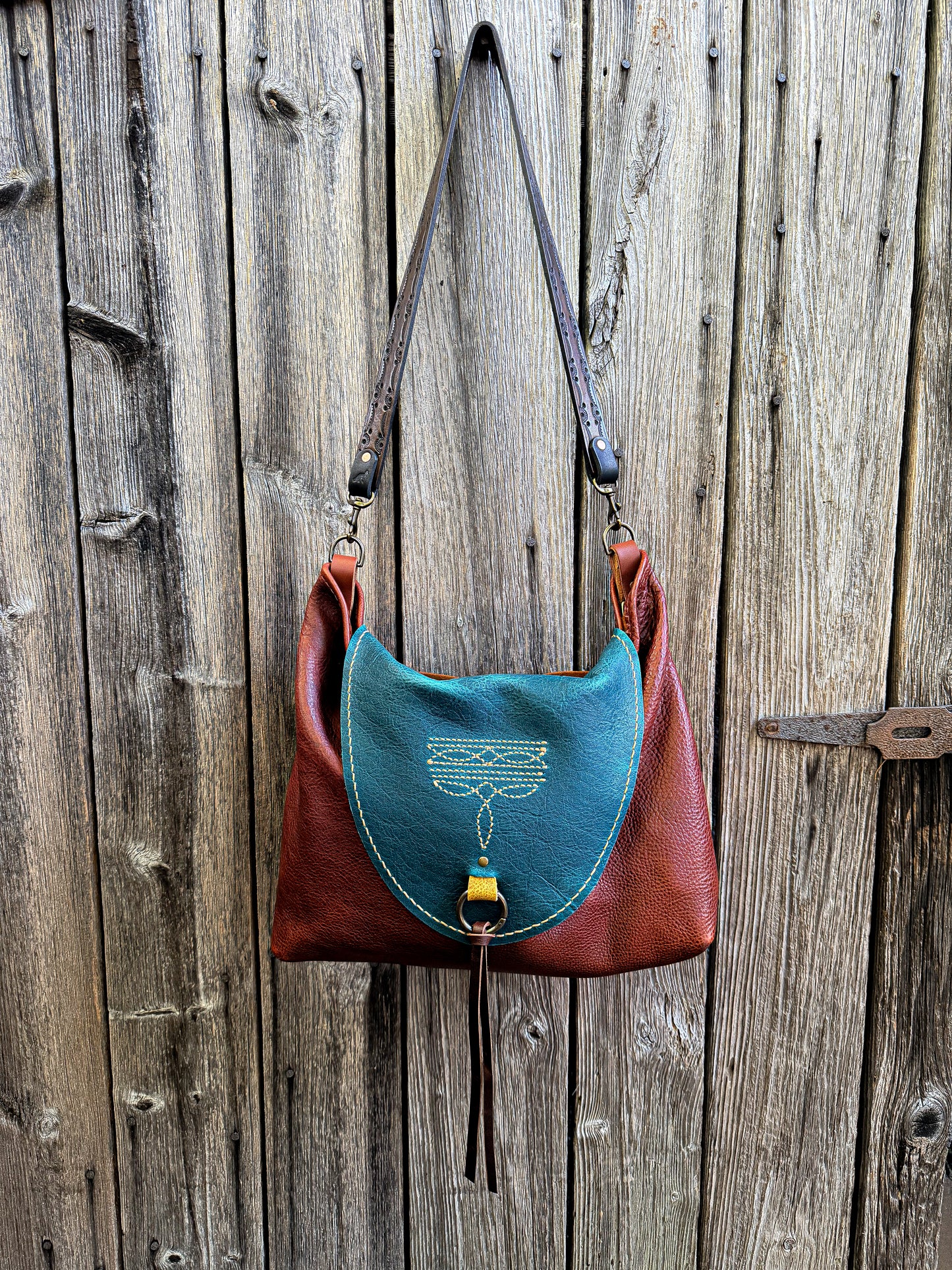 Remi Shoulder Bag with Tassel Flap in Mixed Leather with Horween Hand-tooled Strap