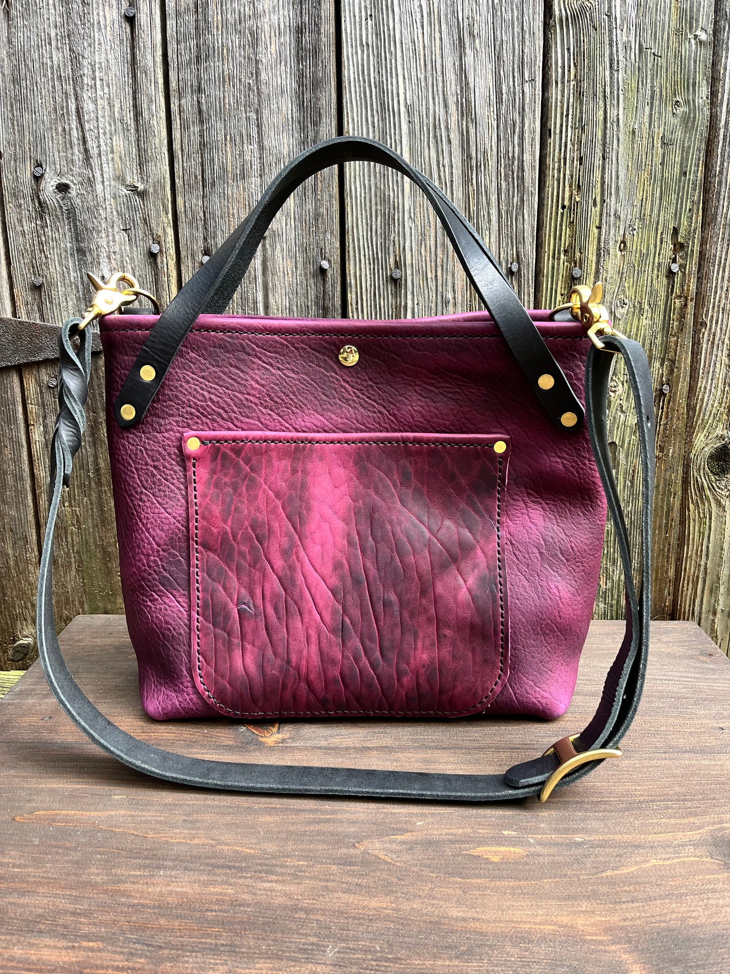 Crissy Grab Bag in Grape Bison with Front Pocket & Black Horween Handles