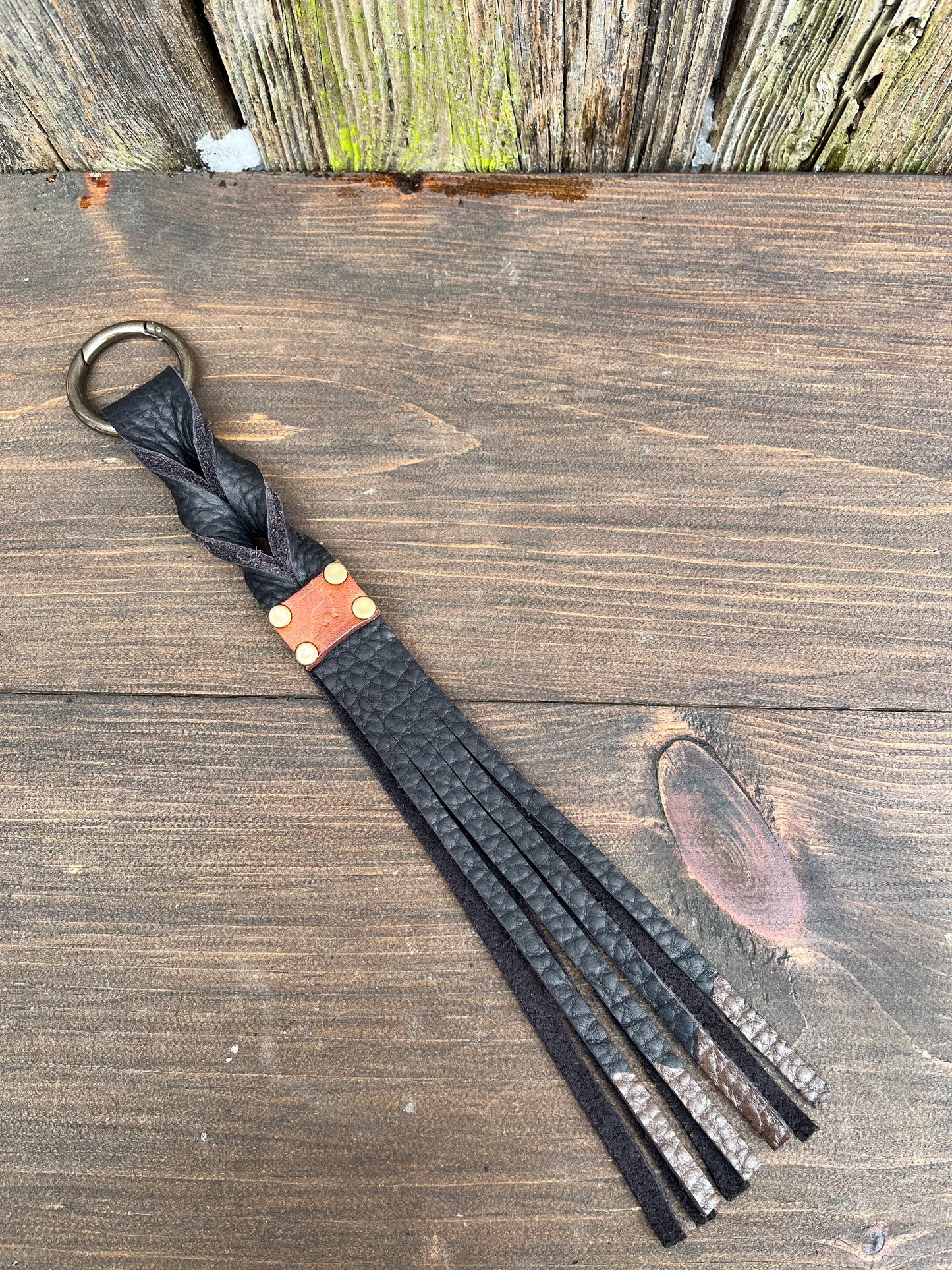 Twisted Fox Tag Leather Tassel with Black & Brown Ombré Fringe