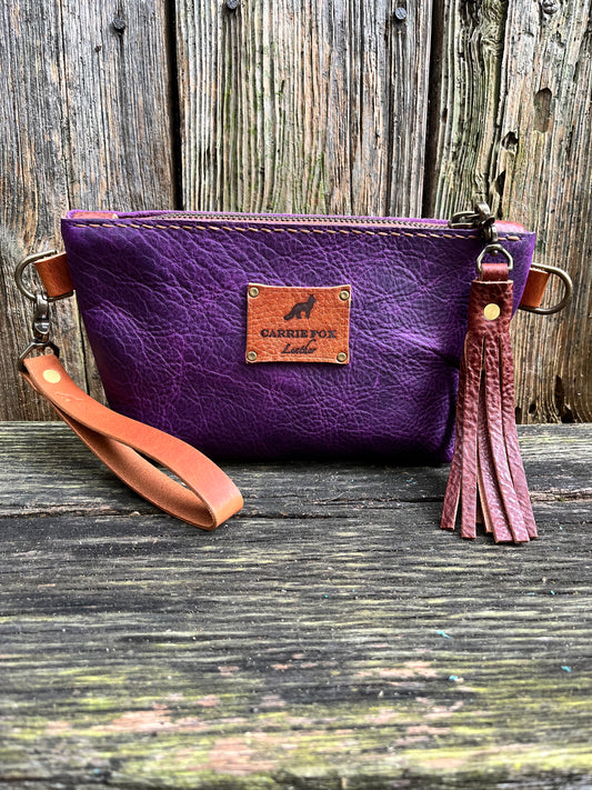Pipsqueak Wristlet/Crossbody in Grape Escape Bison with English Tan Leather Accents