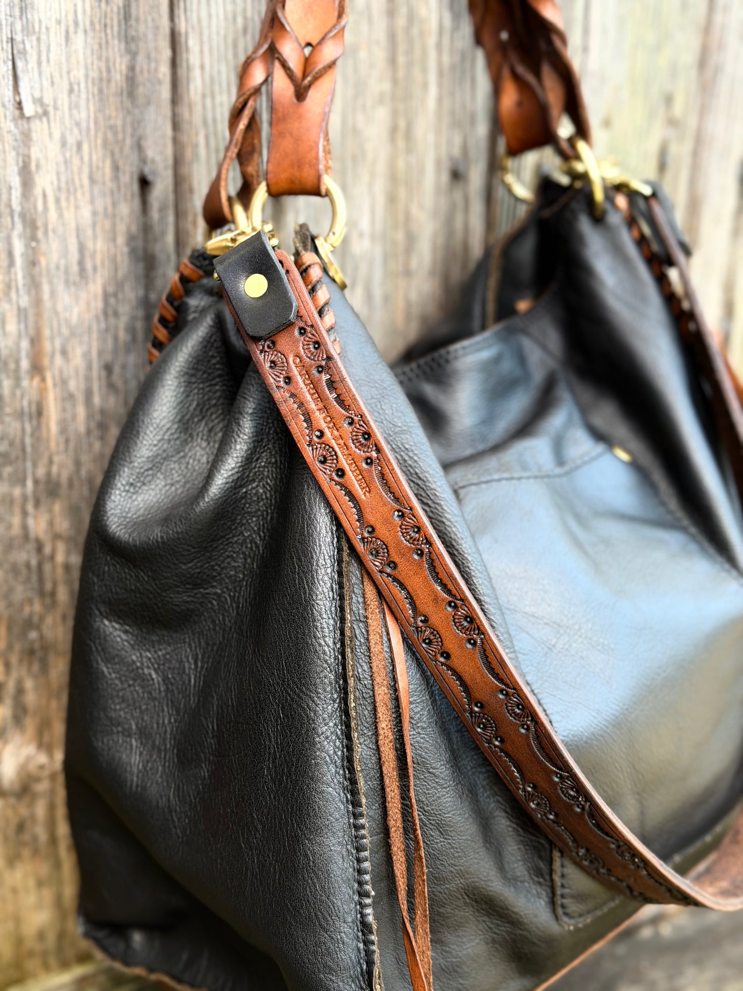 Cody Hand-Tooled Leather Shoulder Strap in Antique Brown - MTO