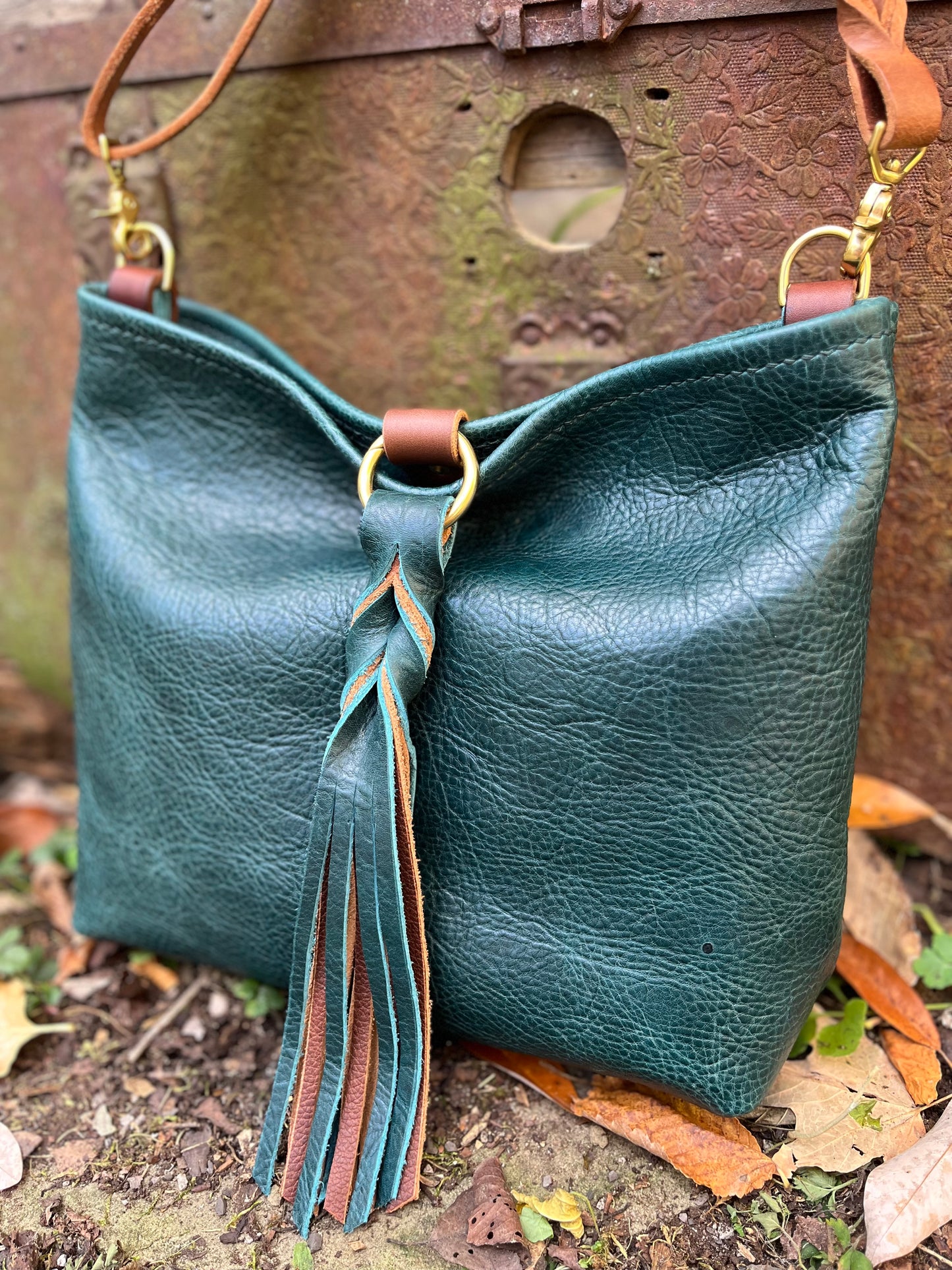 Mimi Slouch Bag in Blue Spruce with Braided Throwover Leather Tassel