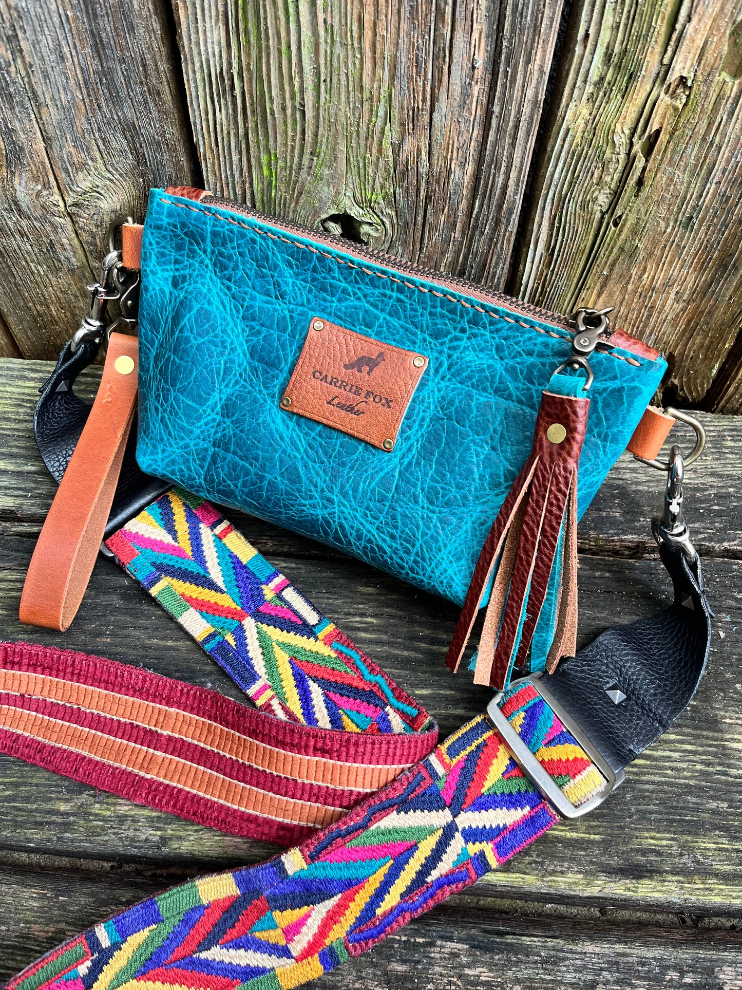 Pipsqueak Wristlet/Crossbody in Blue Bison with English Tan Leather Accents