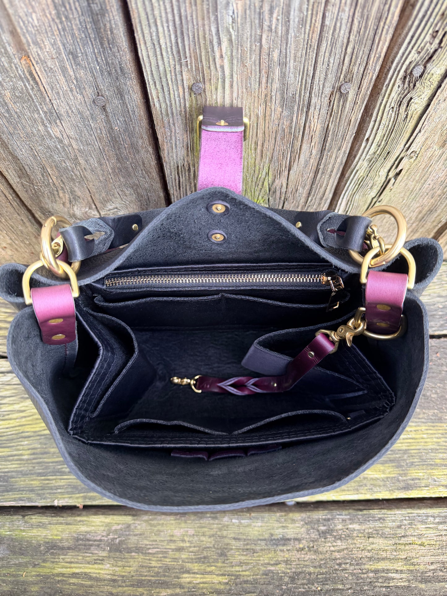 SoHo Handbag in Horween Black Leather with Deep Plum Accents - CUSTOM for Vanessa