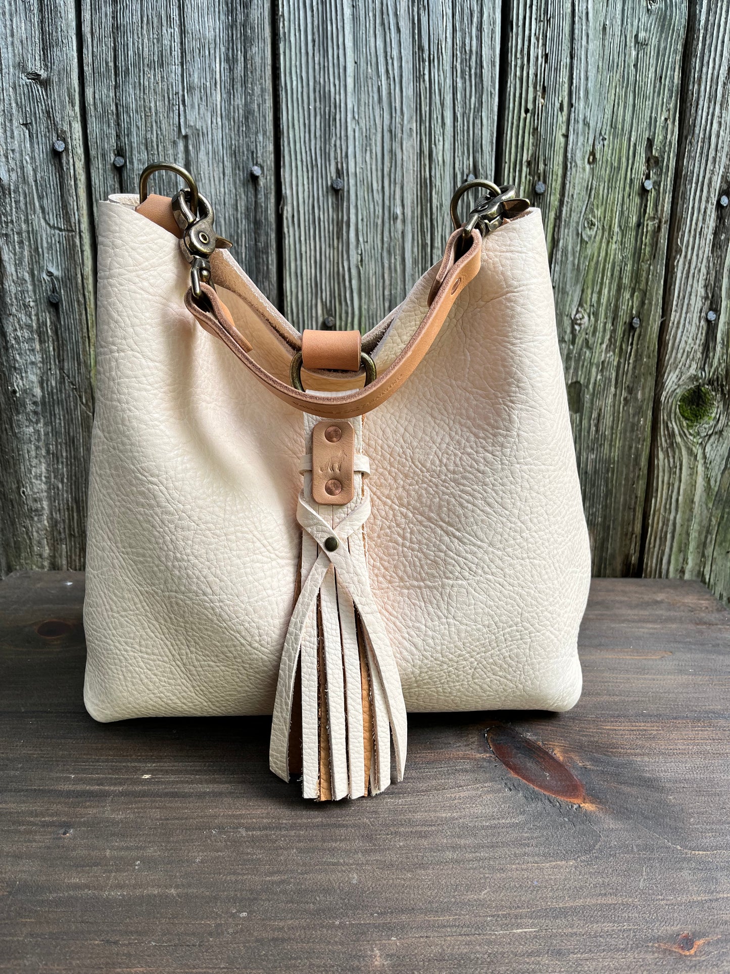Barcelona Mini Bucket in Vanilla Milled Veg Tan with Horween Essex Handle & Fox Tag Tassel