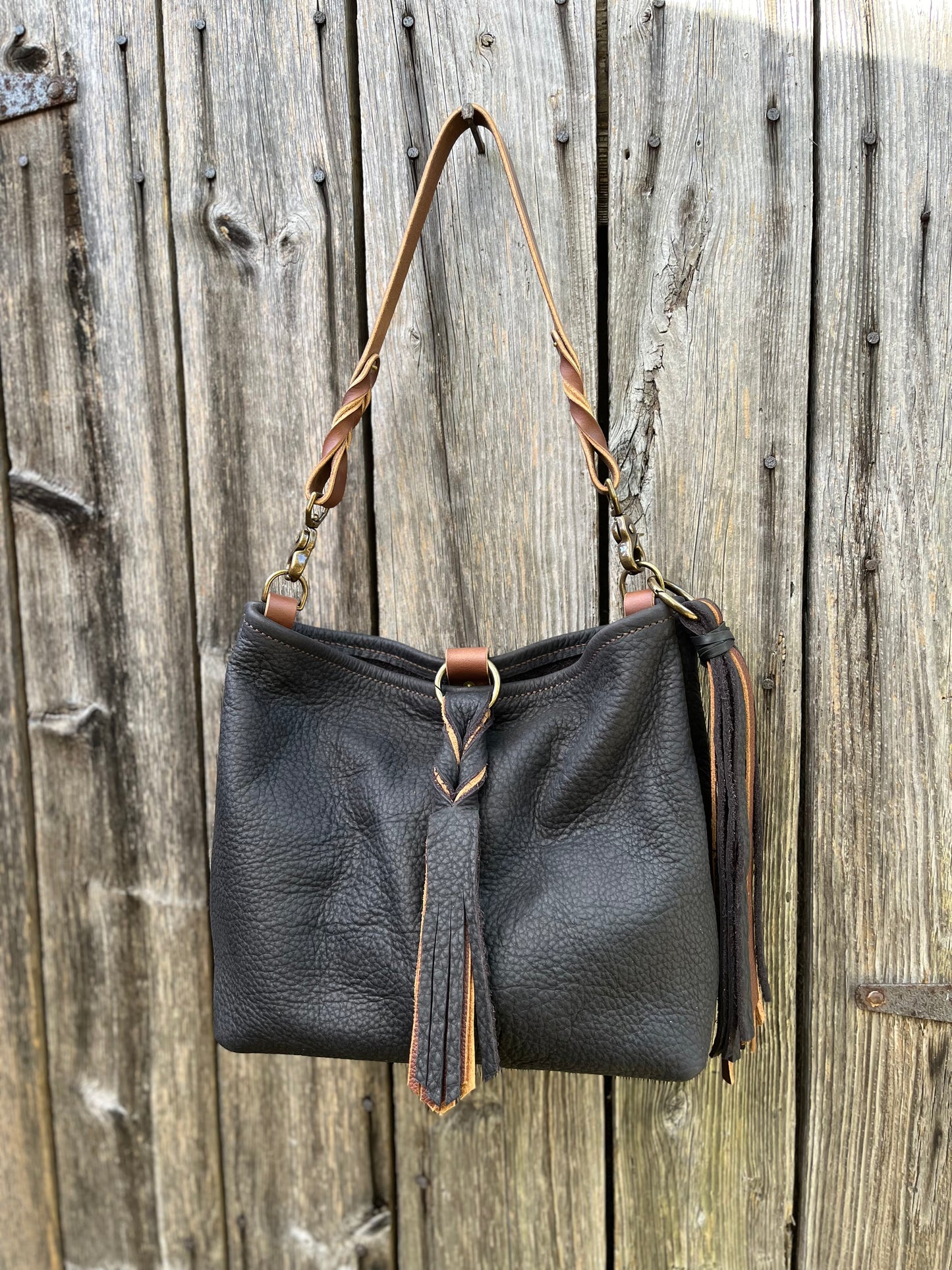 Mimi Slouch Bag in Distressed Black Bison with Braided Throwover Leather Tassel