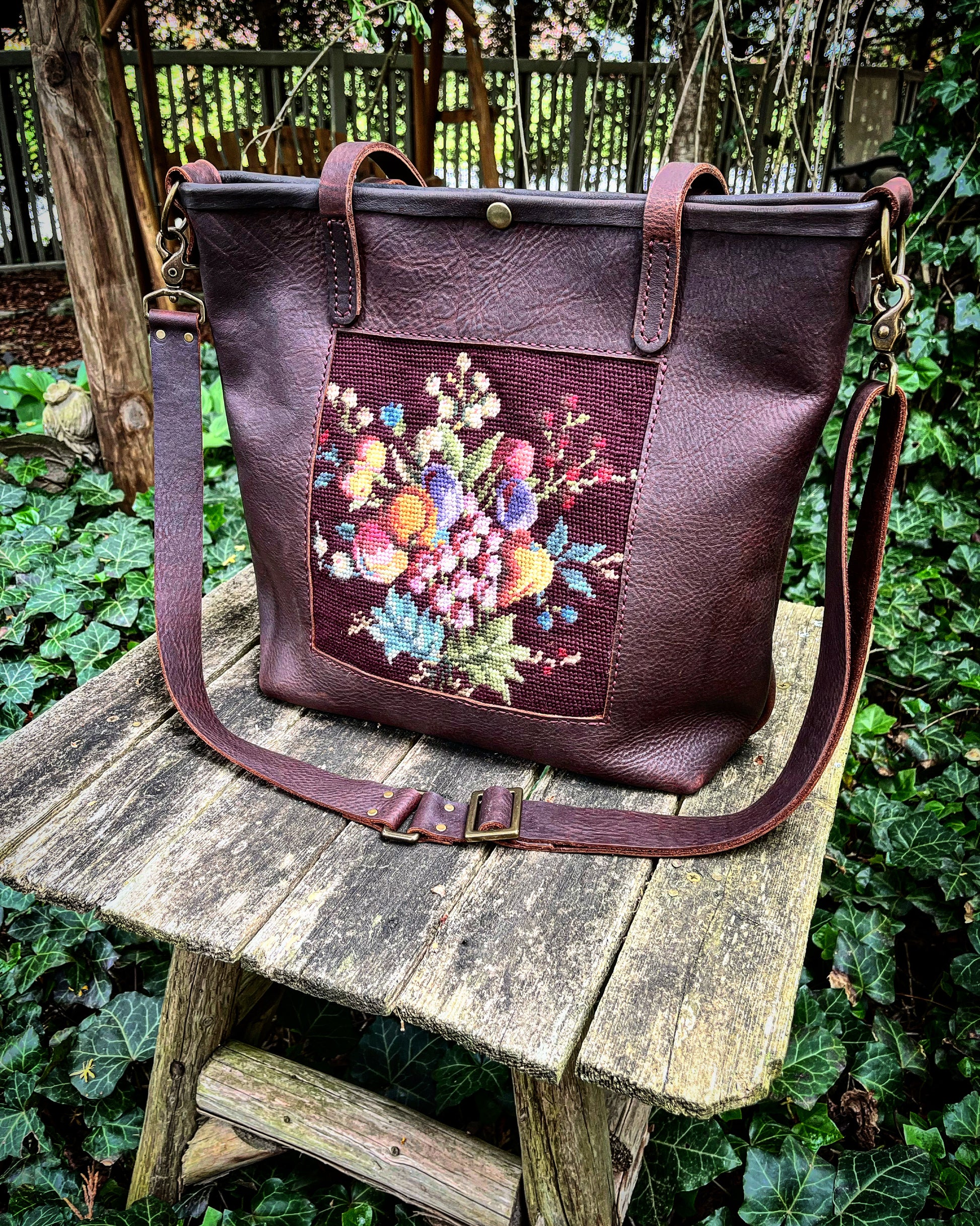 Brown Leather Handbag With Floral Vintage Needlepoint, Handmade