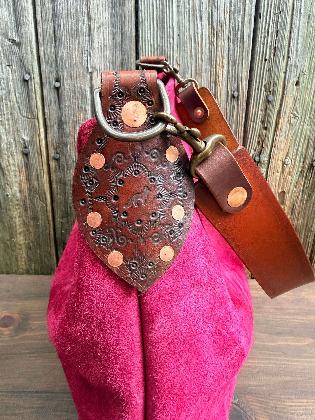 Willy Bucket in Reverse Cow in Cranberry Suede with Guitar Strap