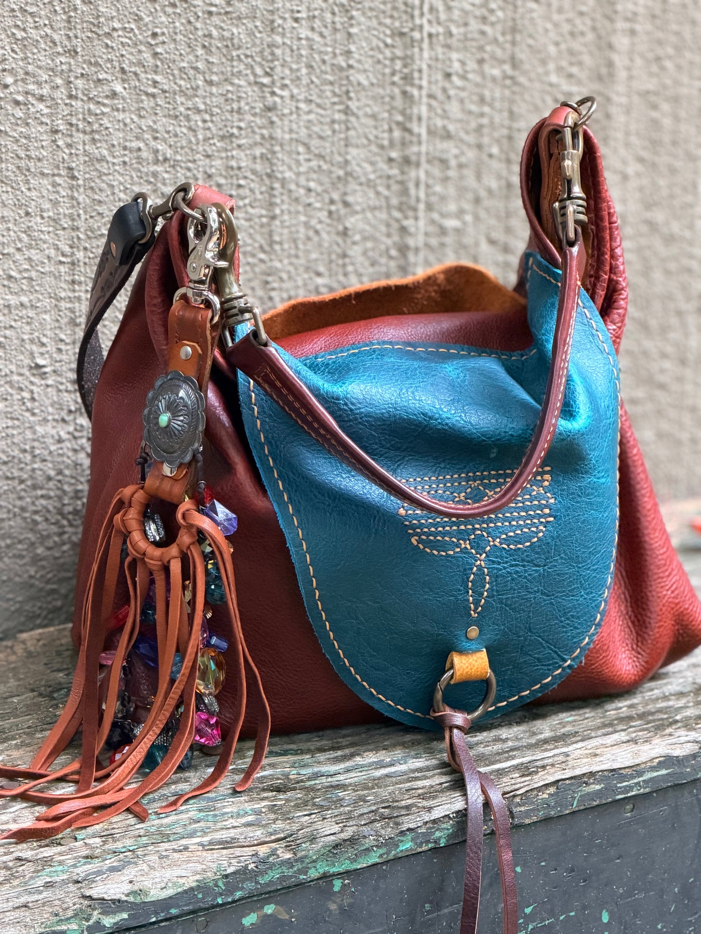 Hand-tooled Tribal Tassel in Tan Deerskin with Sterling Silver & Turquoise Concho 15”L, OOAK