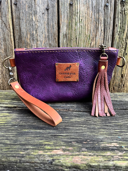 Pipsqueak Wristlet/Crossbody in Grape Escape Bison with English Tan Leather Accents