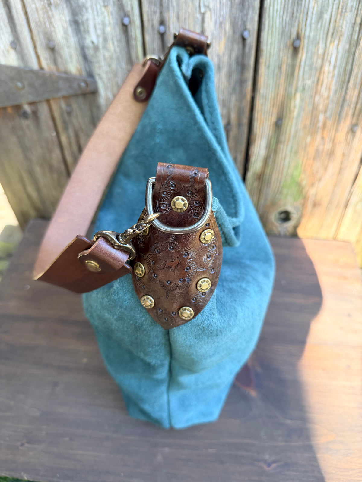 Willy Bucket in Blue Spruce Rough-Out with Short Guitar Strap