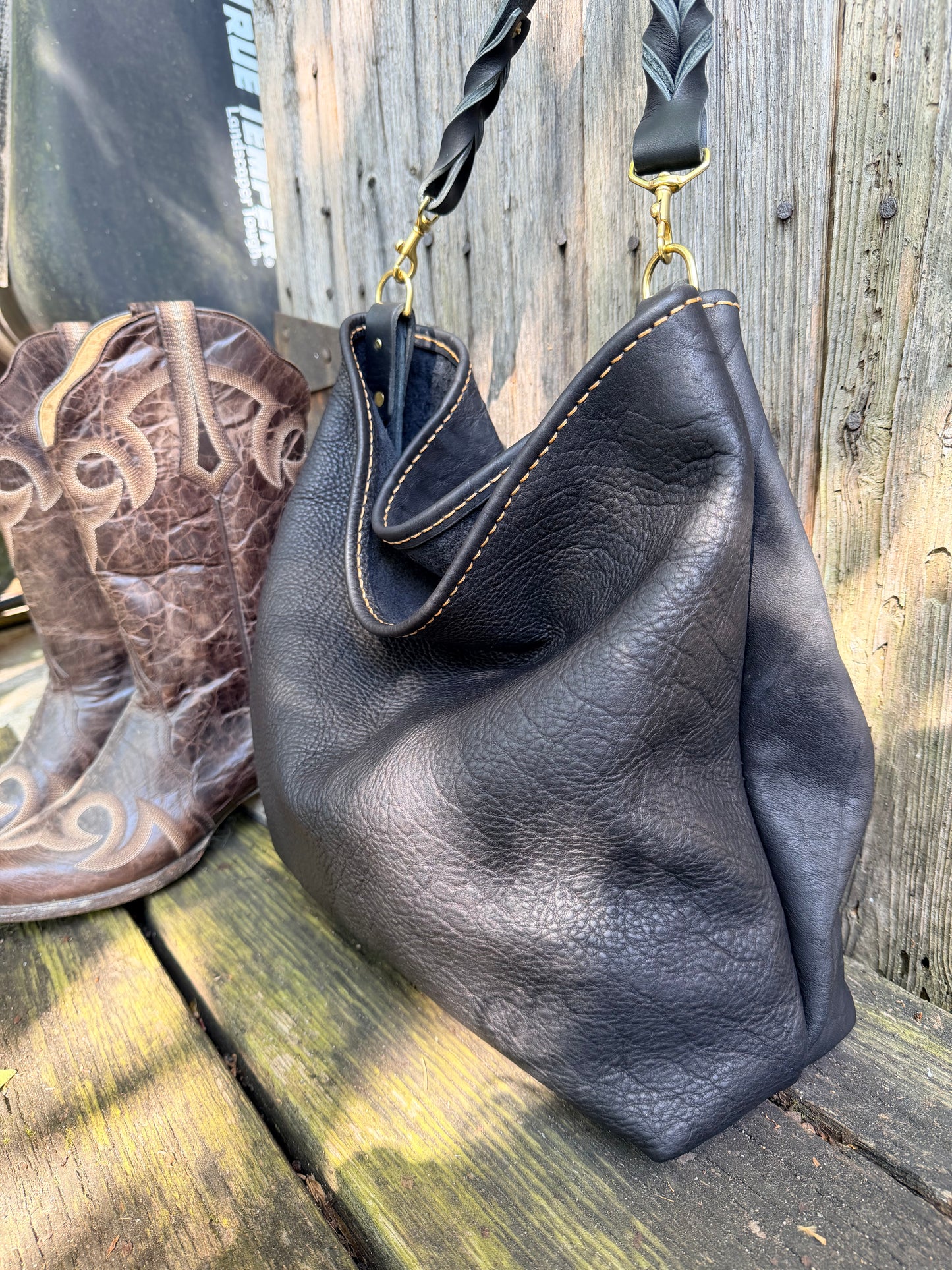 Rodeo Large Bucket in Soft Black Bison with Braided Horween Strap