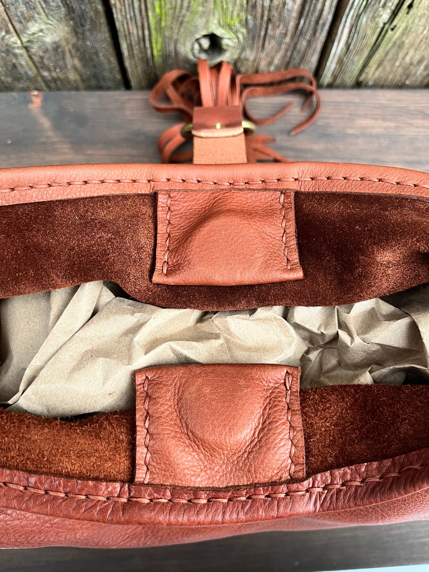 Mimi Slouch Bag in Brandy Naked Cow with Leather Tassel Closure
