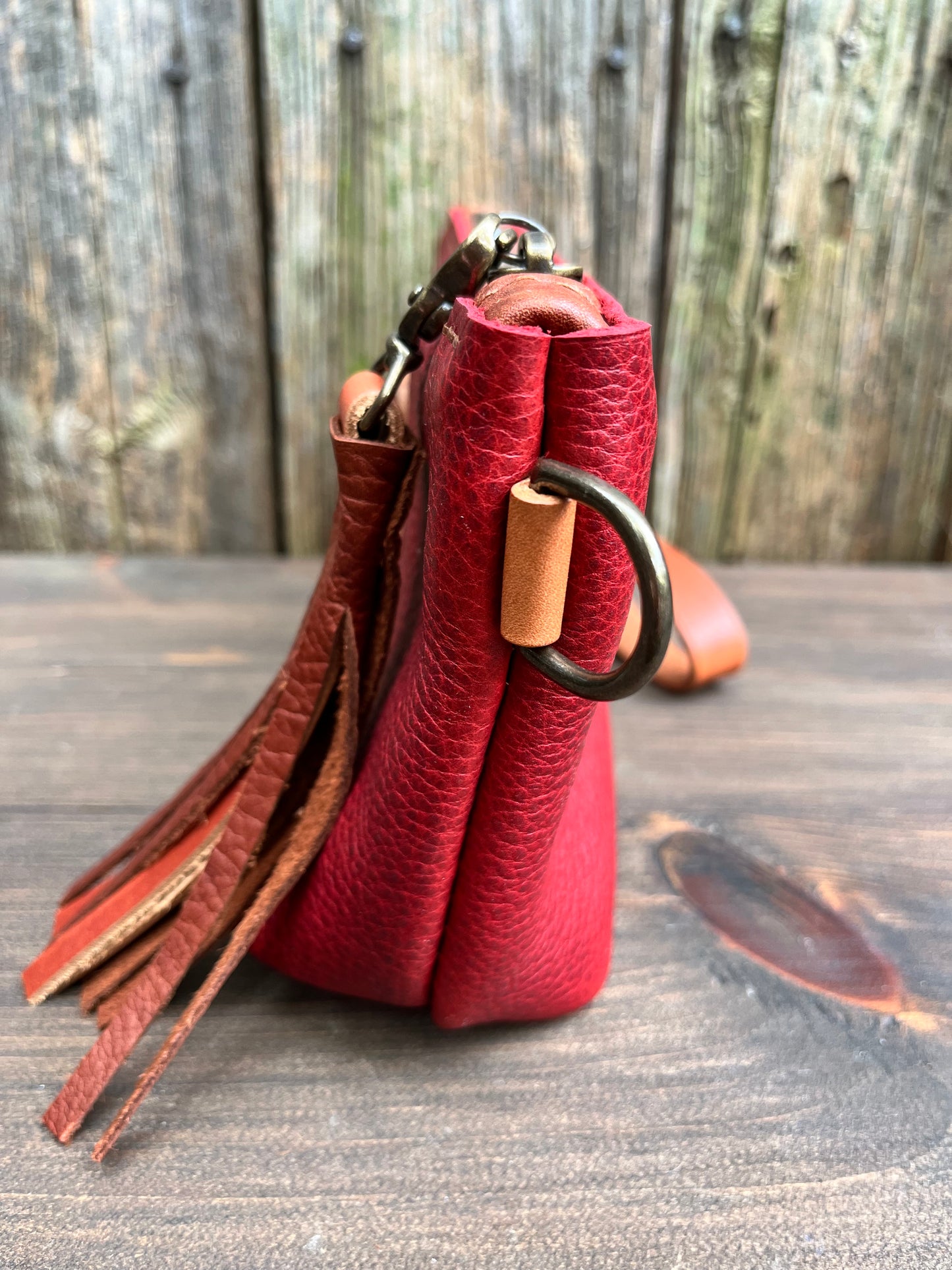 Pip Wristlet in Cherry Bison with English Tan Leather Accents