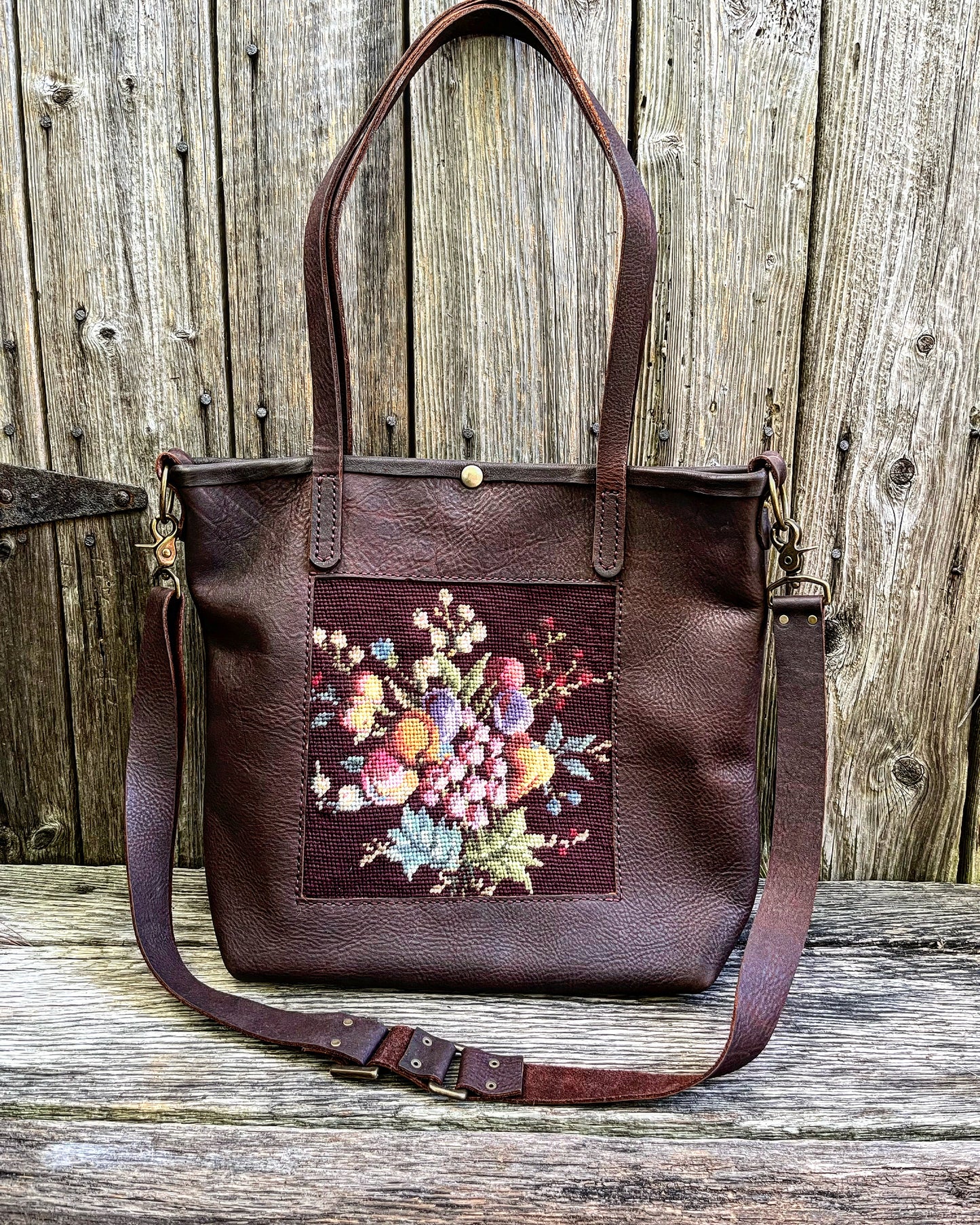 Premium Oil Tanned Leather Tote with Vintage English Needlepoint