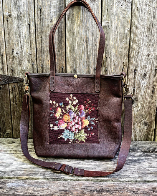 Leather Tote with Vintage English Needlepoint