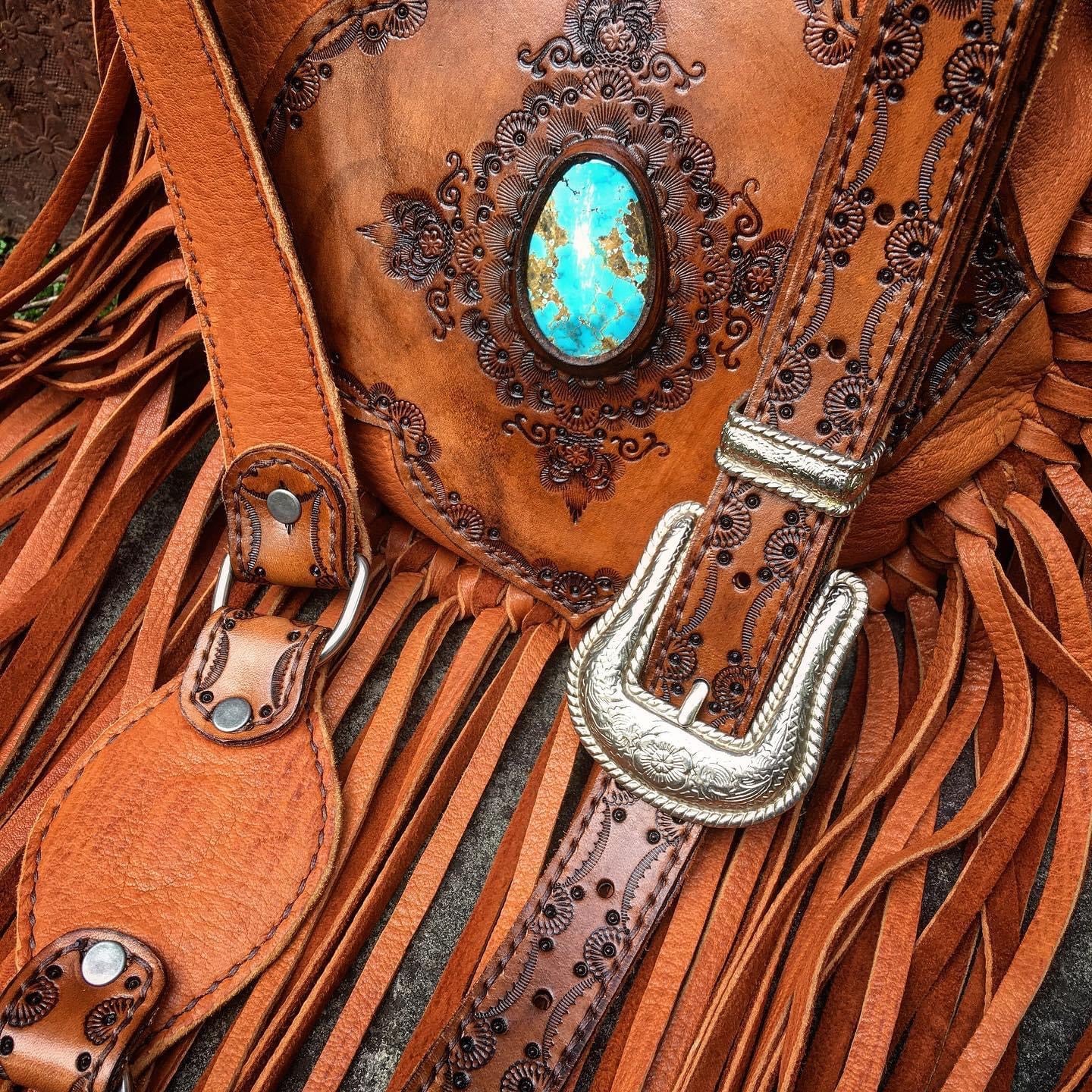 Evolet Leather Crossbody Pouch, Hand-Tooled, Tobacco Deerskin with Sierra Nevada Turquoise