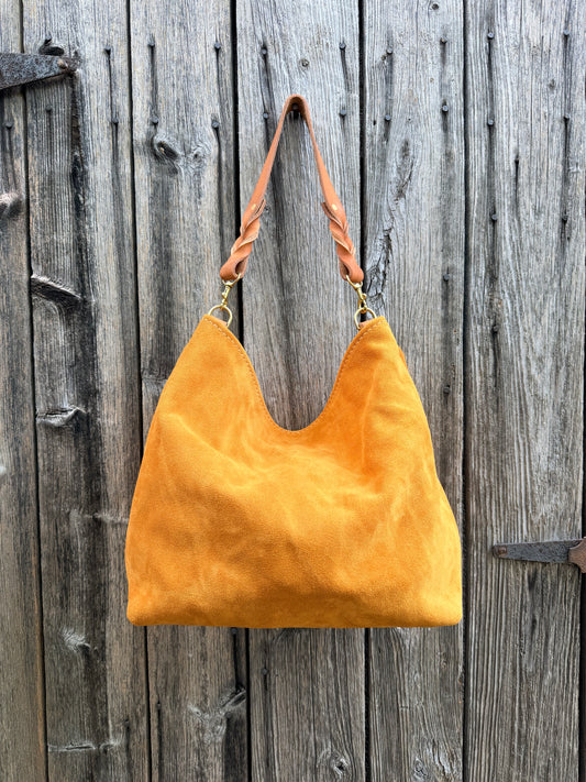 Rodeo Large Bucket in Cider Suede with Horween Nutmeg Braided Strap