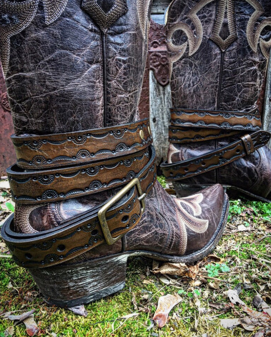 OLD WEST Boot Straps, Hand Tooled Veg Tanned Leather