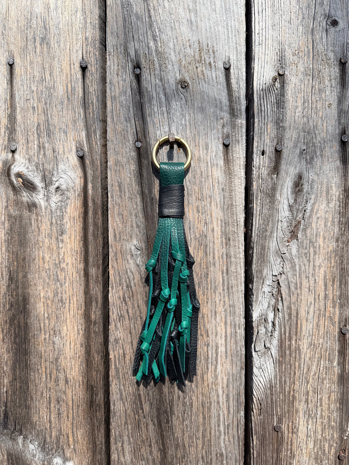 Knotted Leather Tassel in Emerald & Black Leather 9”-10”