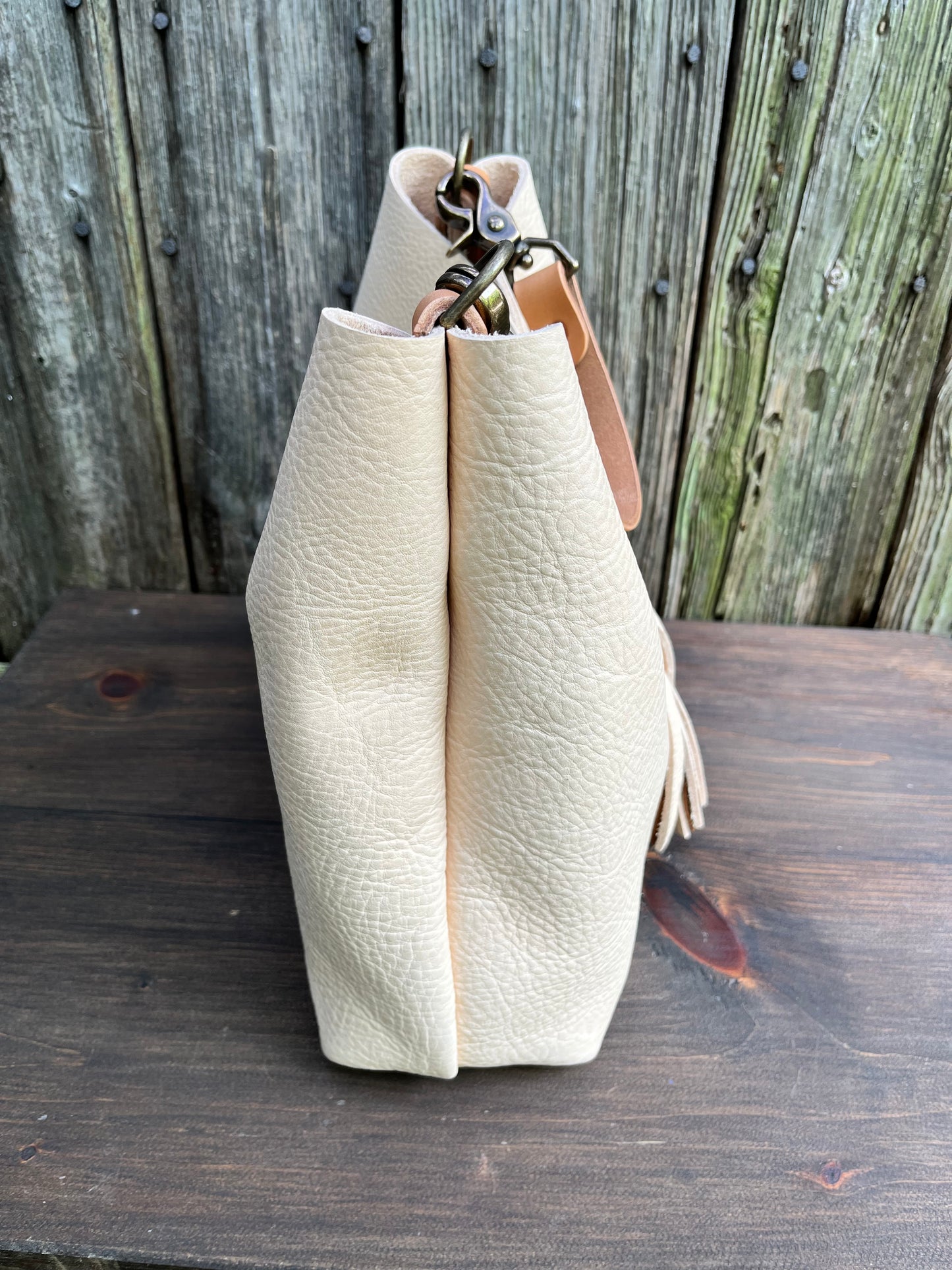Barcelona Mini Bucket in Vanilla Milled Veg Tan with Horween Essex Handle & Fox Tag Tassel