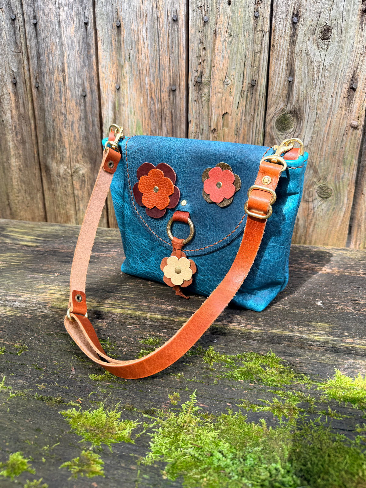 Bubby Bag in Premium Blue Bison with Whimsical Leather Flowers