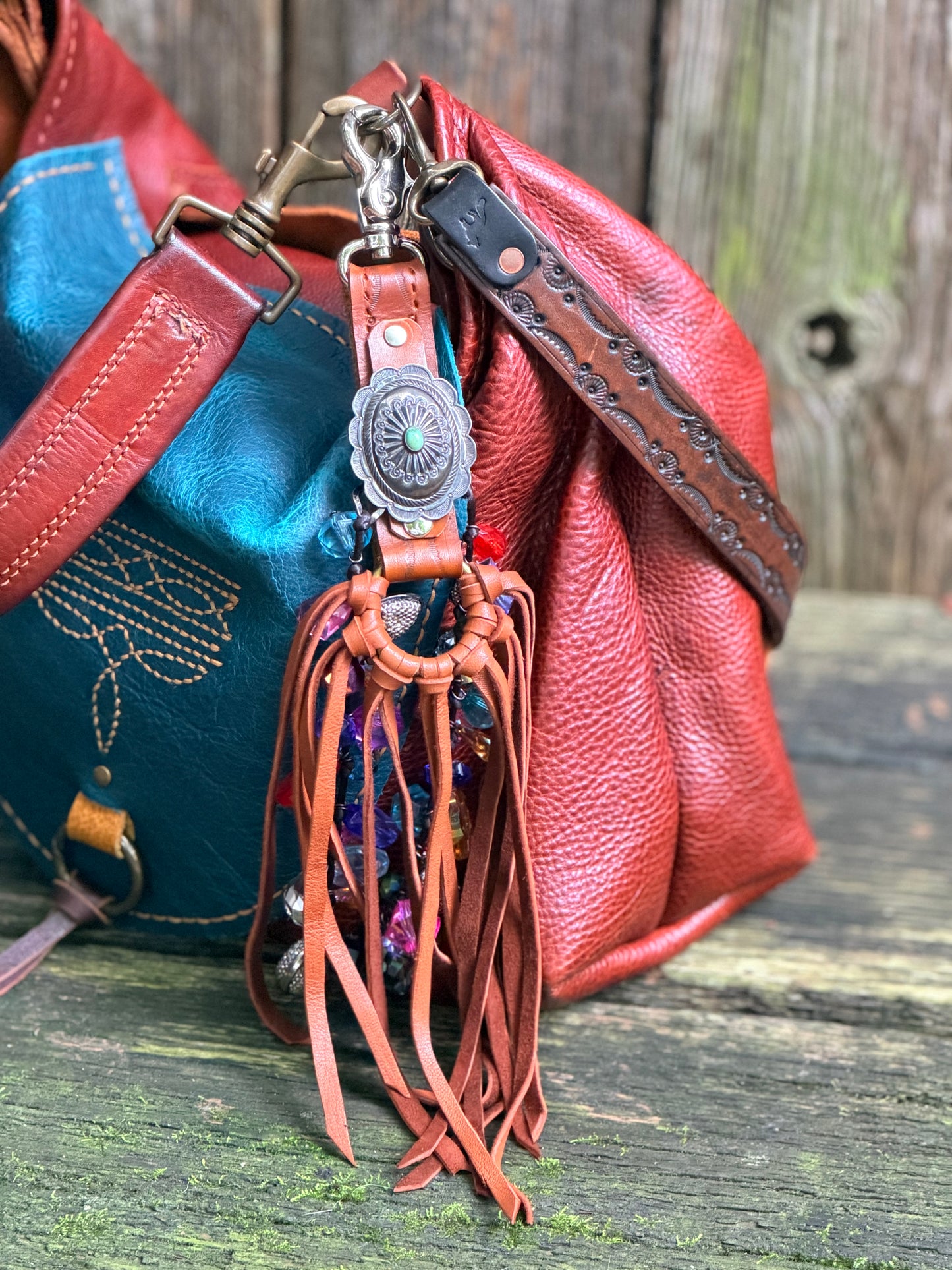 Hand-tooled Tribal Tassel in Tan Deerskin with Sterling Silver & Turquoise Concho 15”L, OOAK