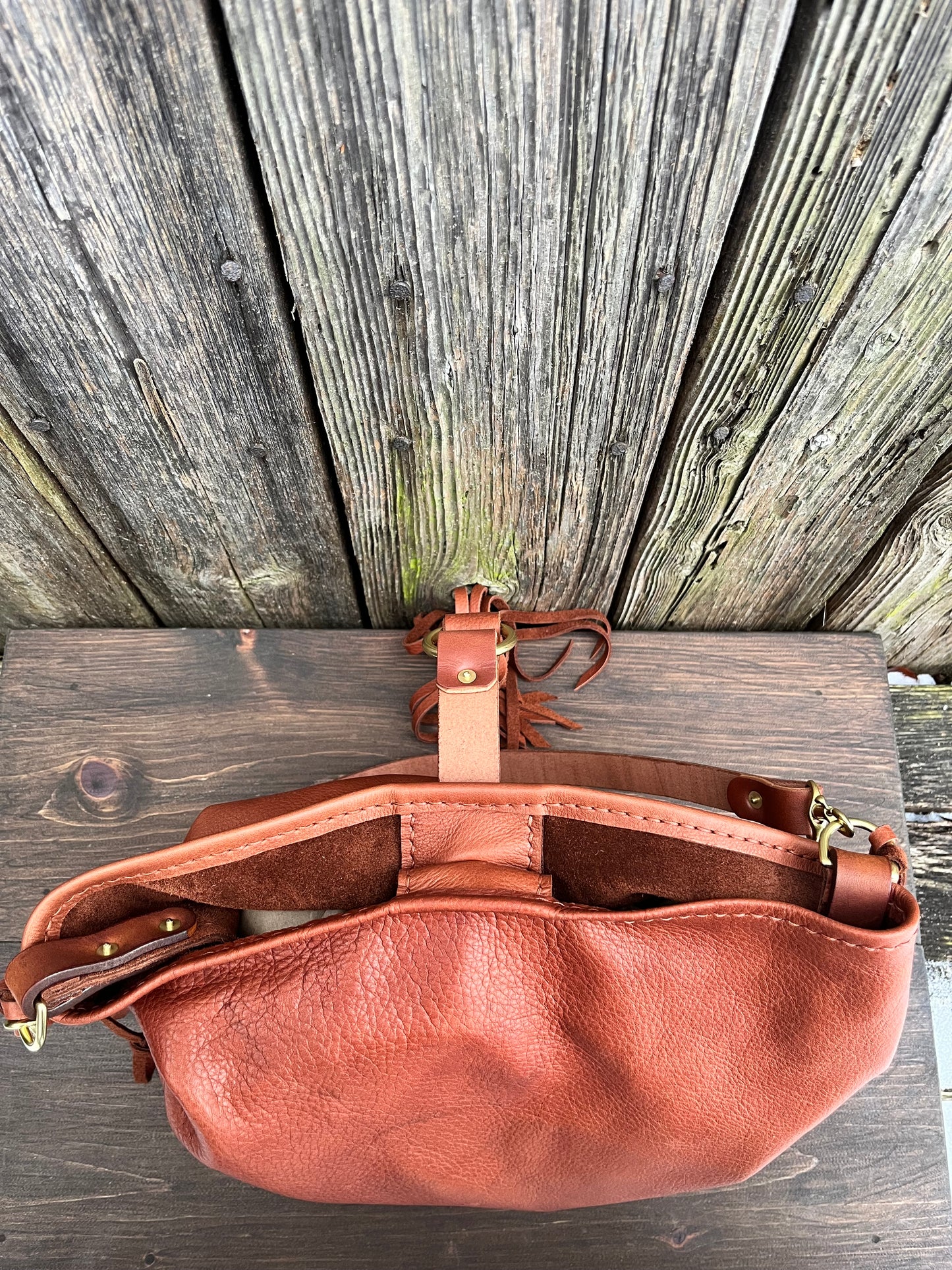 Mimi Slouch Bag in Brandy Naked Cow with Leather Tassel Closure