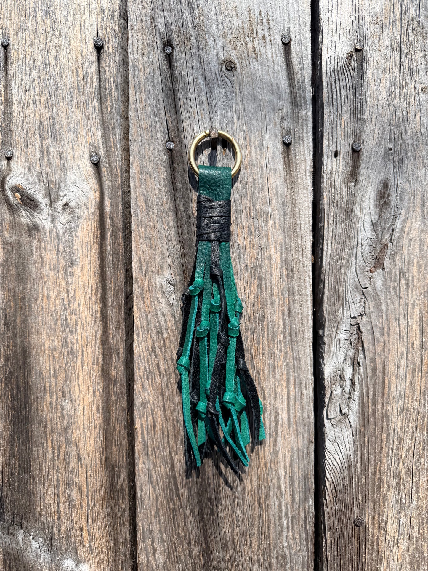 Knotted Leather Tassel in Emerald & Black Leather 9”-10”