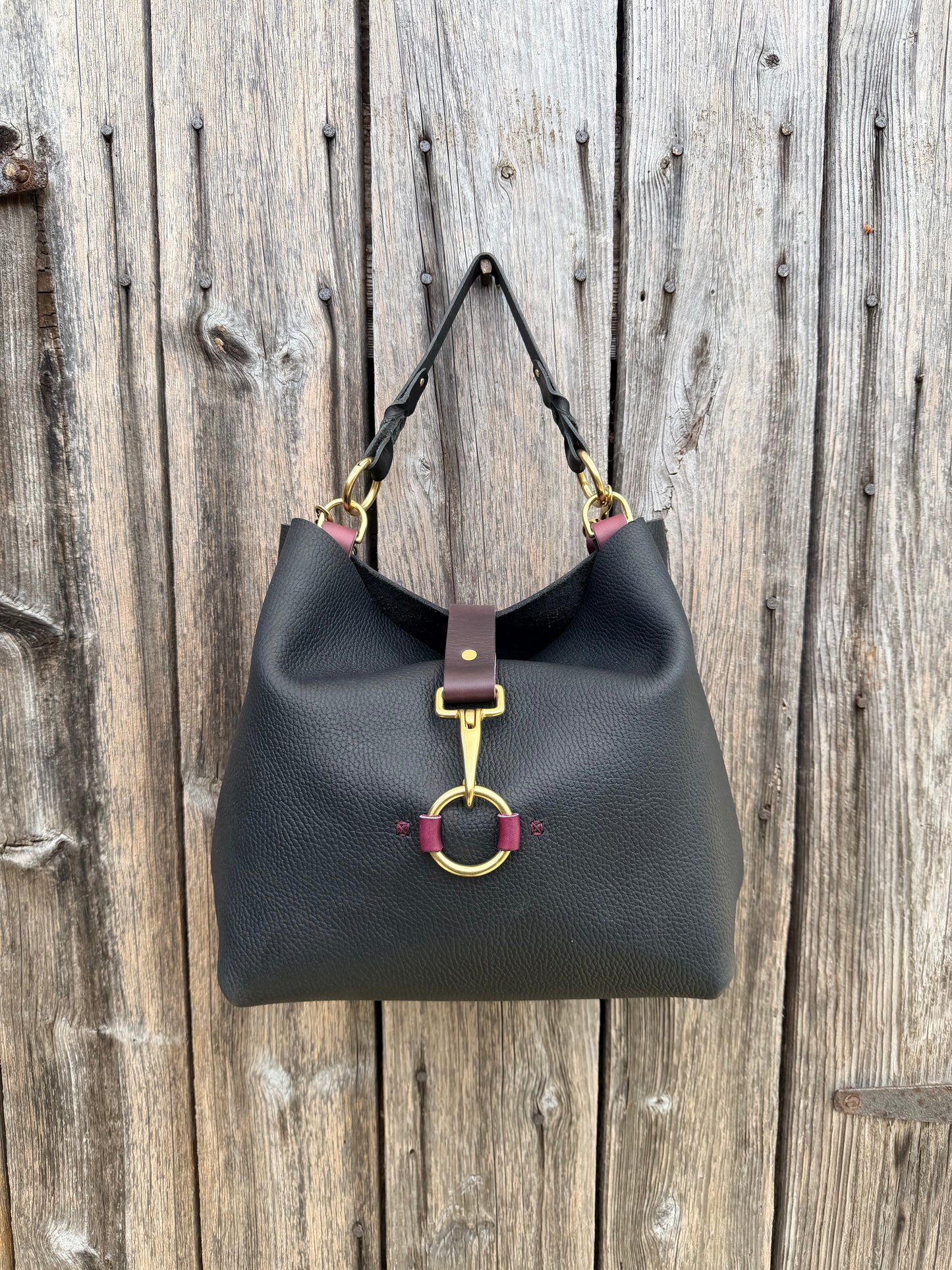 SoHo Handbag in Horween Black Leather with Deep Plum Accents - CUSTOM for Vanessa