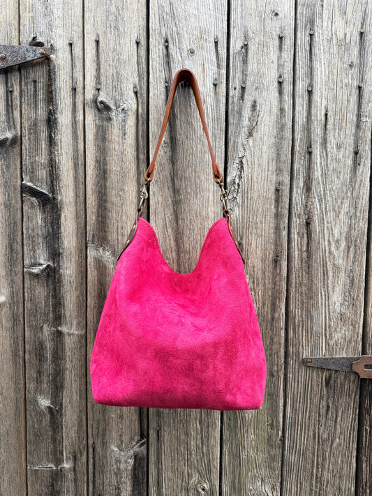 Willy Bucket in Reverse Cow in Cranberry Suede with Guitar Strap