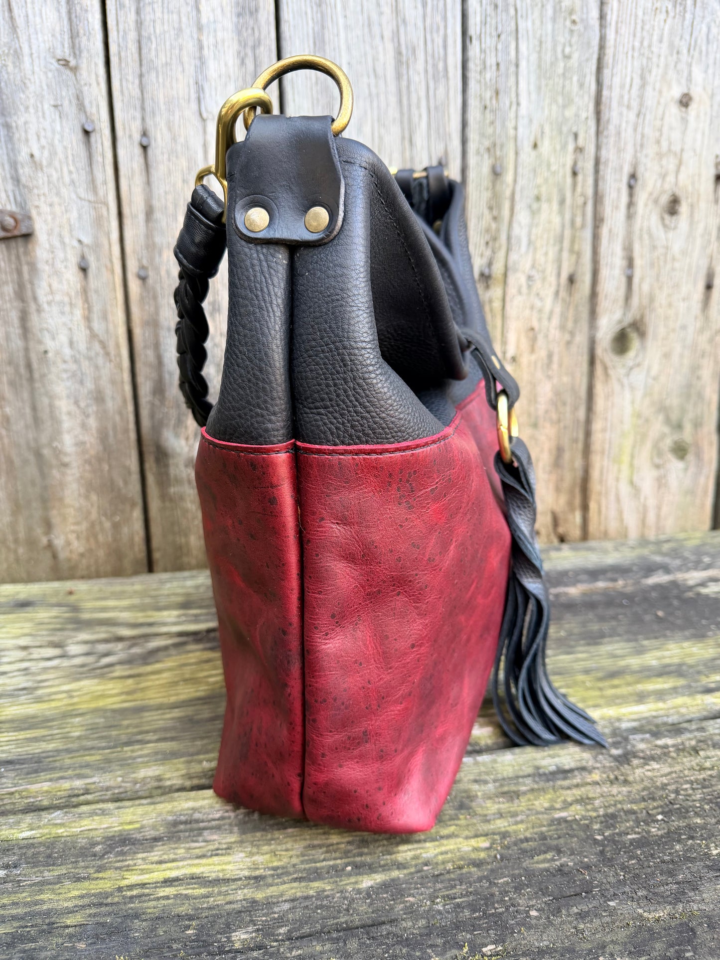 Custom Black Leather Throwover Tassel Closure for Karen