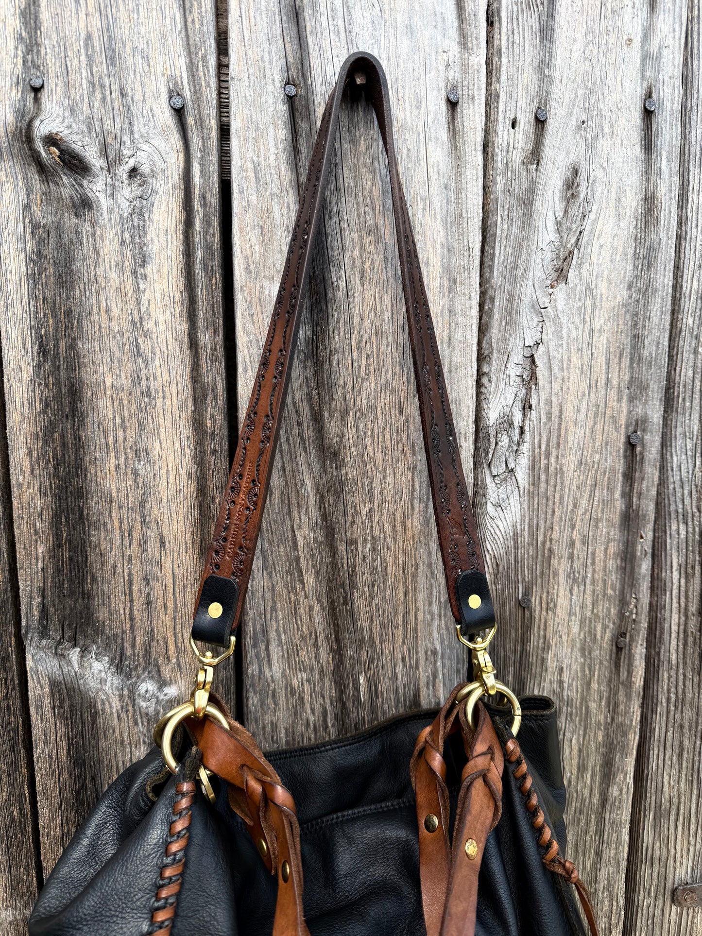 Cody Hand-Tooled Leather Shoulder Strap in Antique Brown - MTO