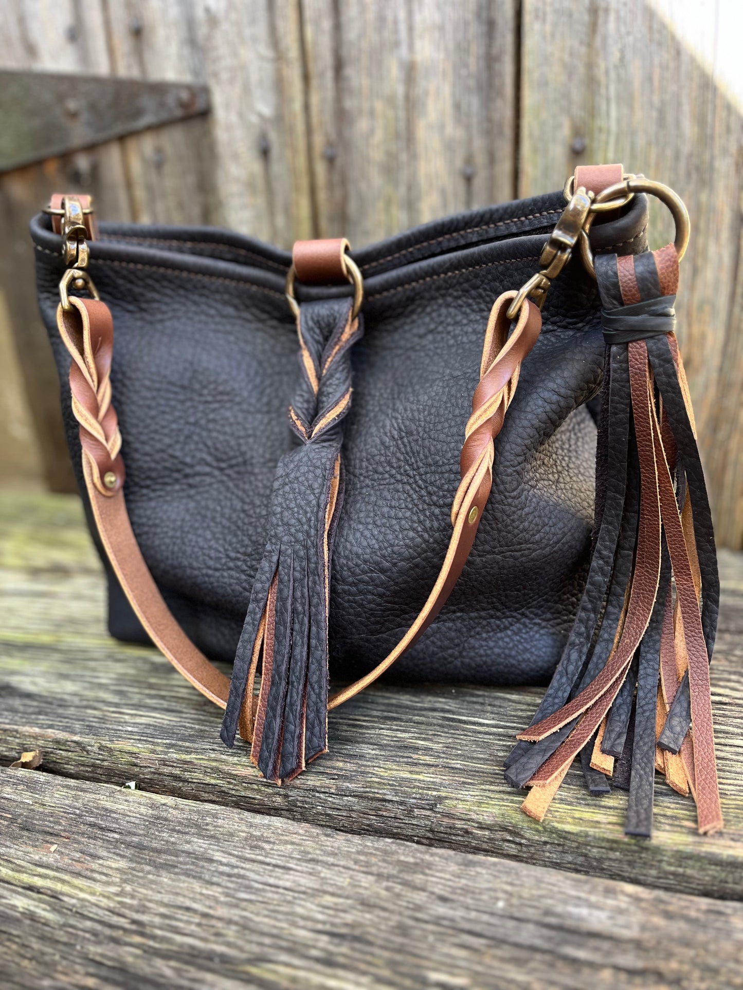 Mimi Slouch Bag in Distressed Black Bison with Braided Throwover Leather Tassel