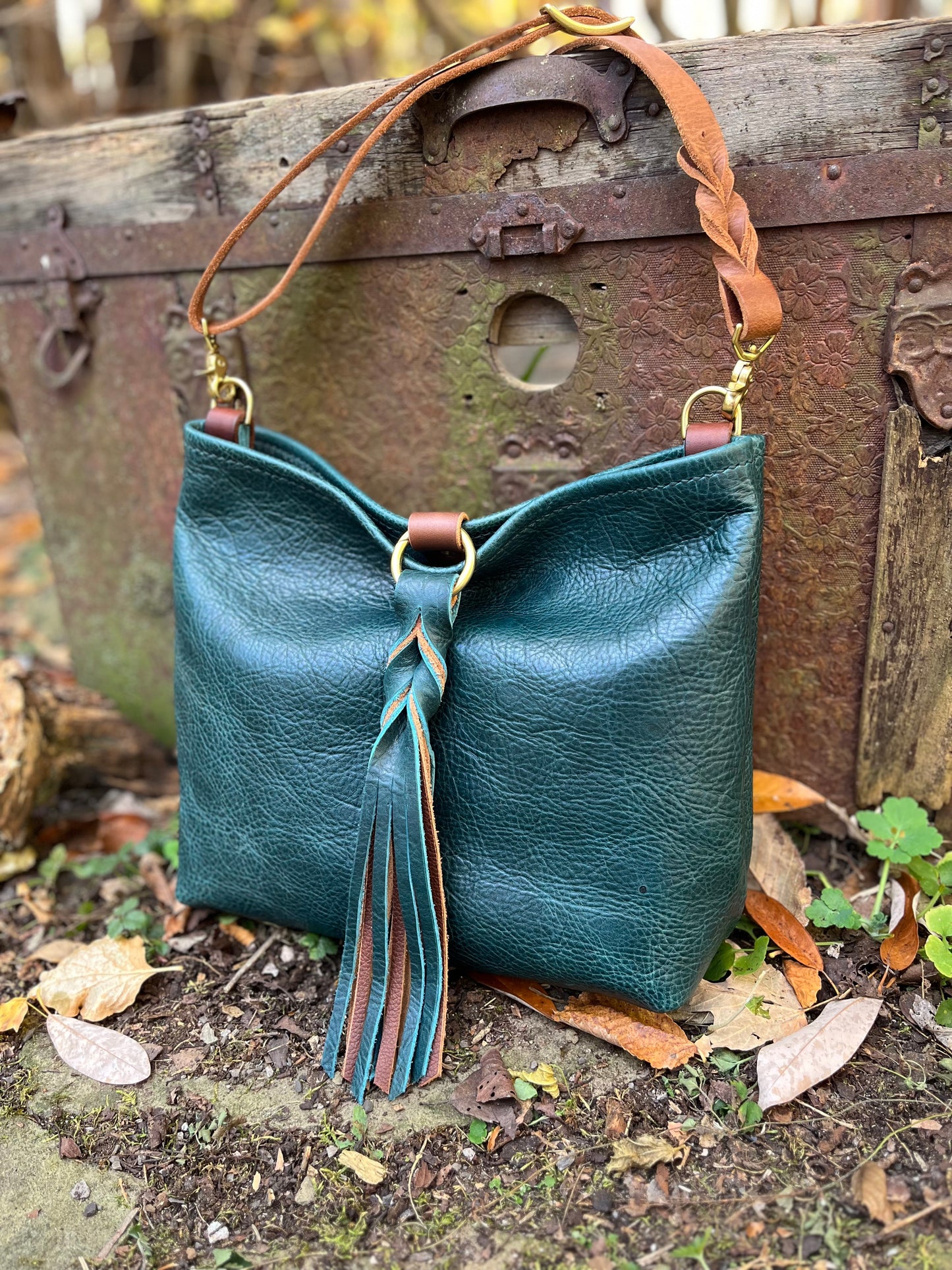 Mimi Slouch Bag in Blue Spruce with Braided Throwover Leather Tassel