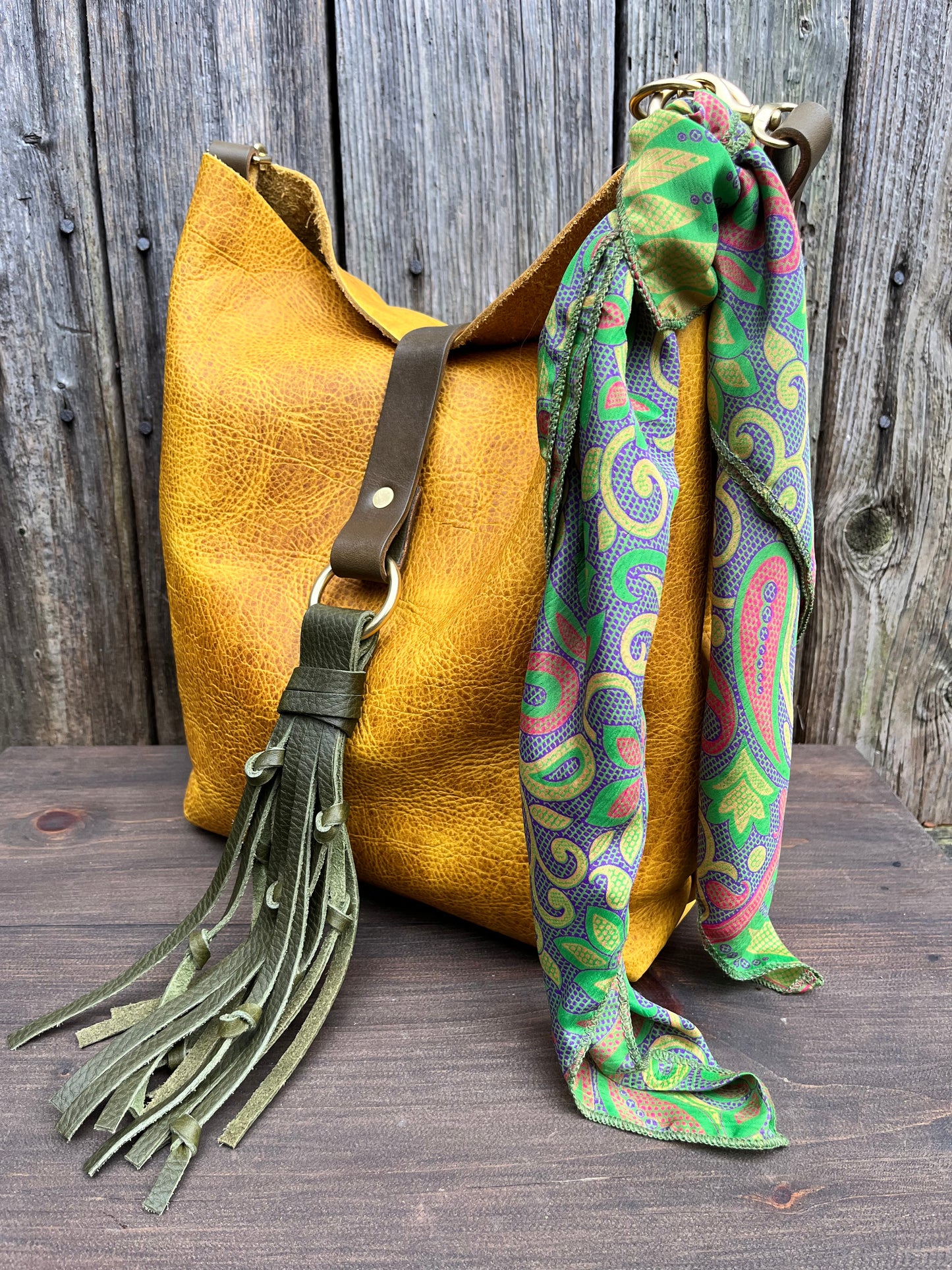 Barcelona Bucket in Golden Mustard Bison with Throwover Tassel & Silk Scarf Accessory