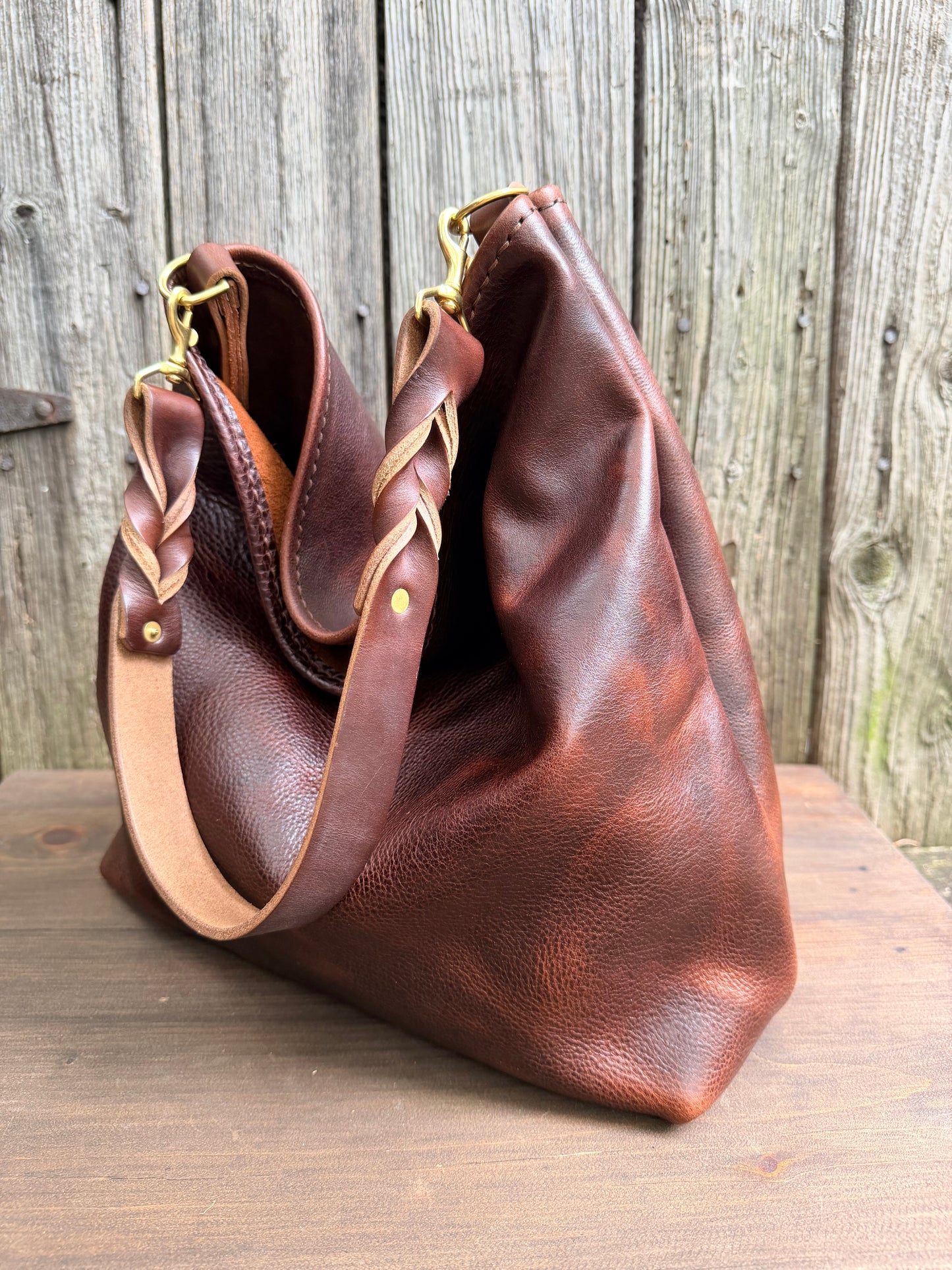 Rodeo Large Bucket in Dark Brown Bulldog with Braided Horween Strap