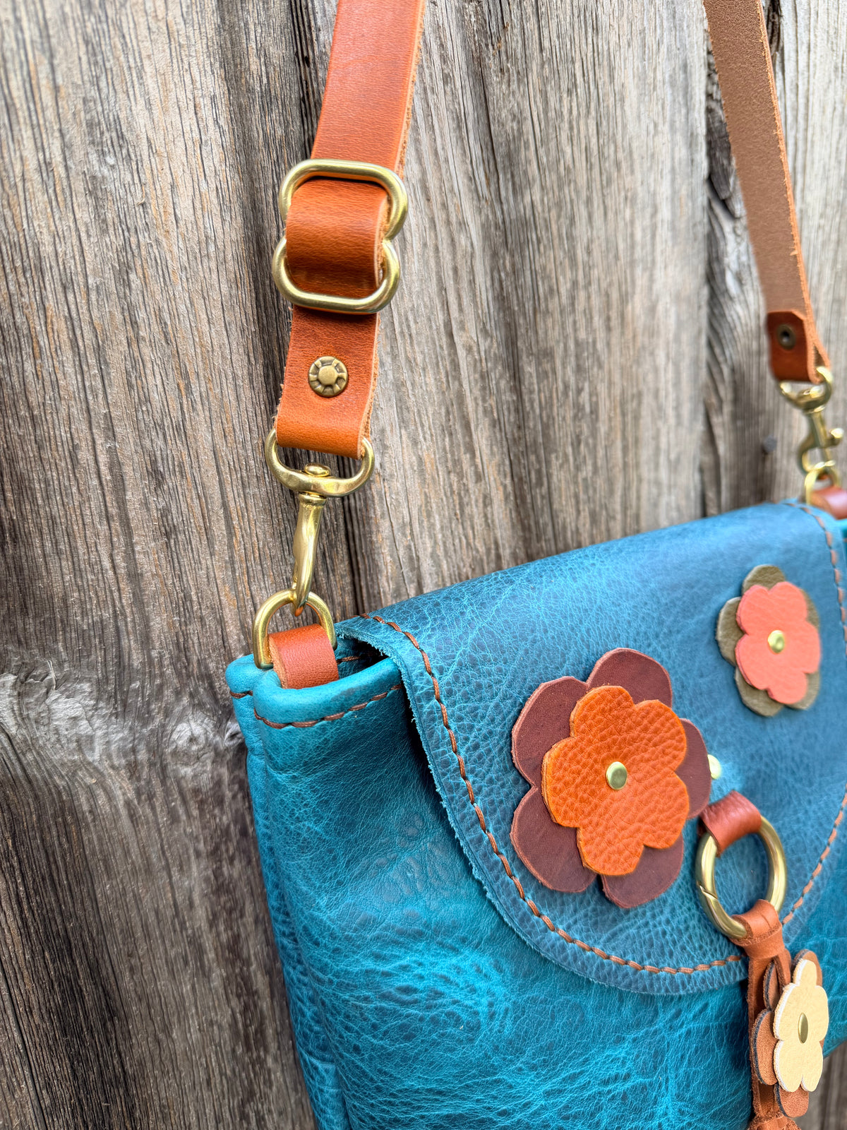 Bubby Bag in Premium Blue Bison with Whimsical Leather Flowers