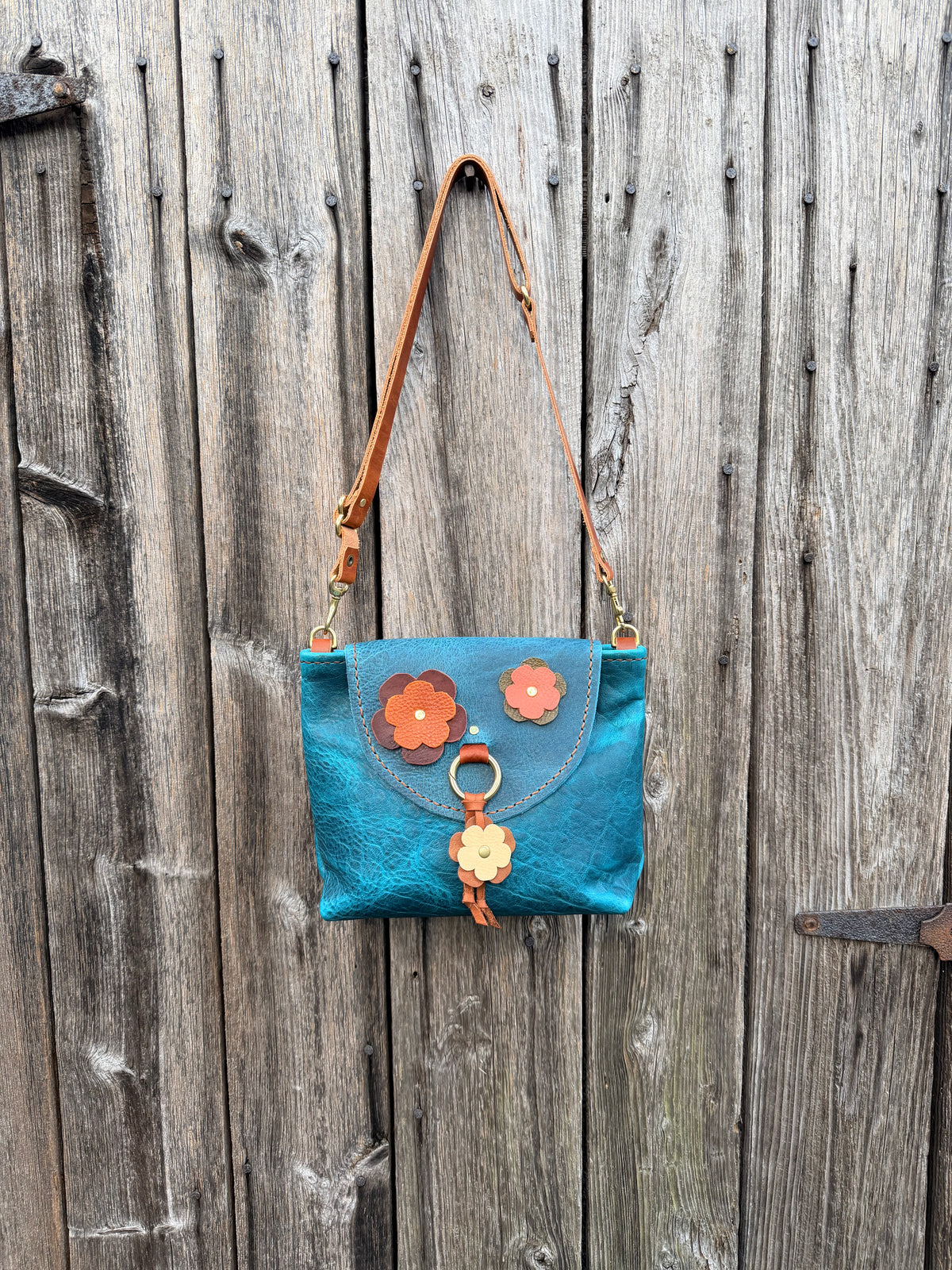 Bubby Bag in Premium Blue Bison with Whimsical Leather Flowers